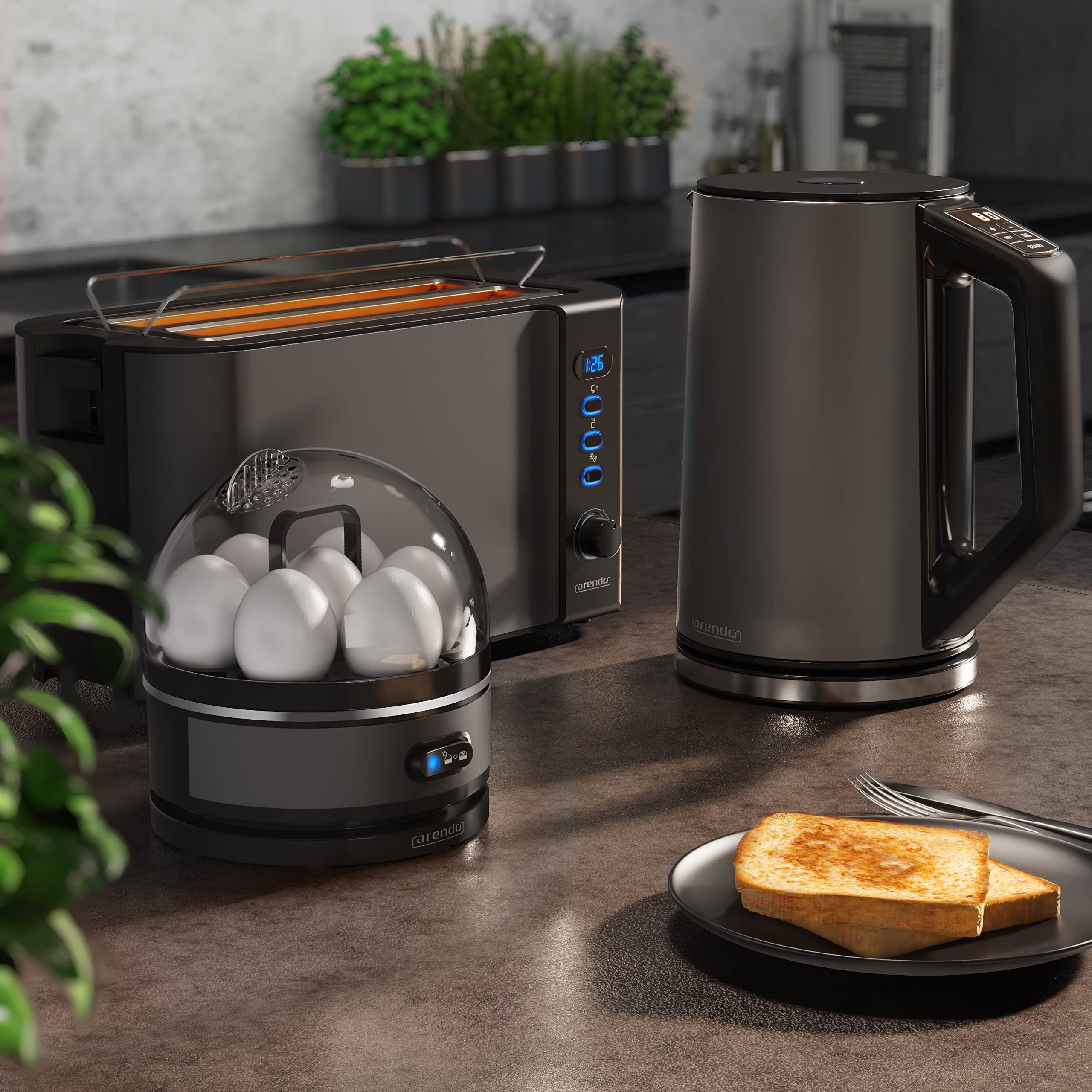 Arendo Wasserkocher Toaster Eierkocher Set Edelstahl Grau 1,5L 40-100°C 4 Scheiben LED 6 Bräunungsgrade 1-7 Eier