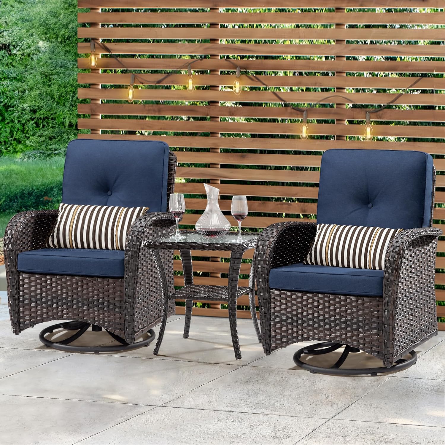 Patio Swivel Glider Wicker Chairs - Outdoor Swivel Rocking Chairs Set of 4 with 2 Wicker Side Tables, Patio Swivel Rocker Chair 6 Piece Patio Furniture Sets for Patio Porch Deck(Brown/Blue)