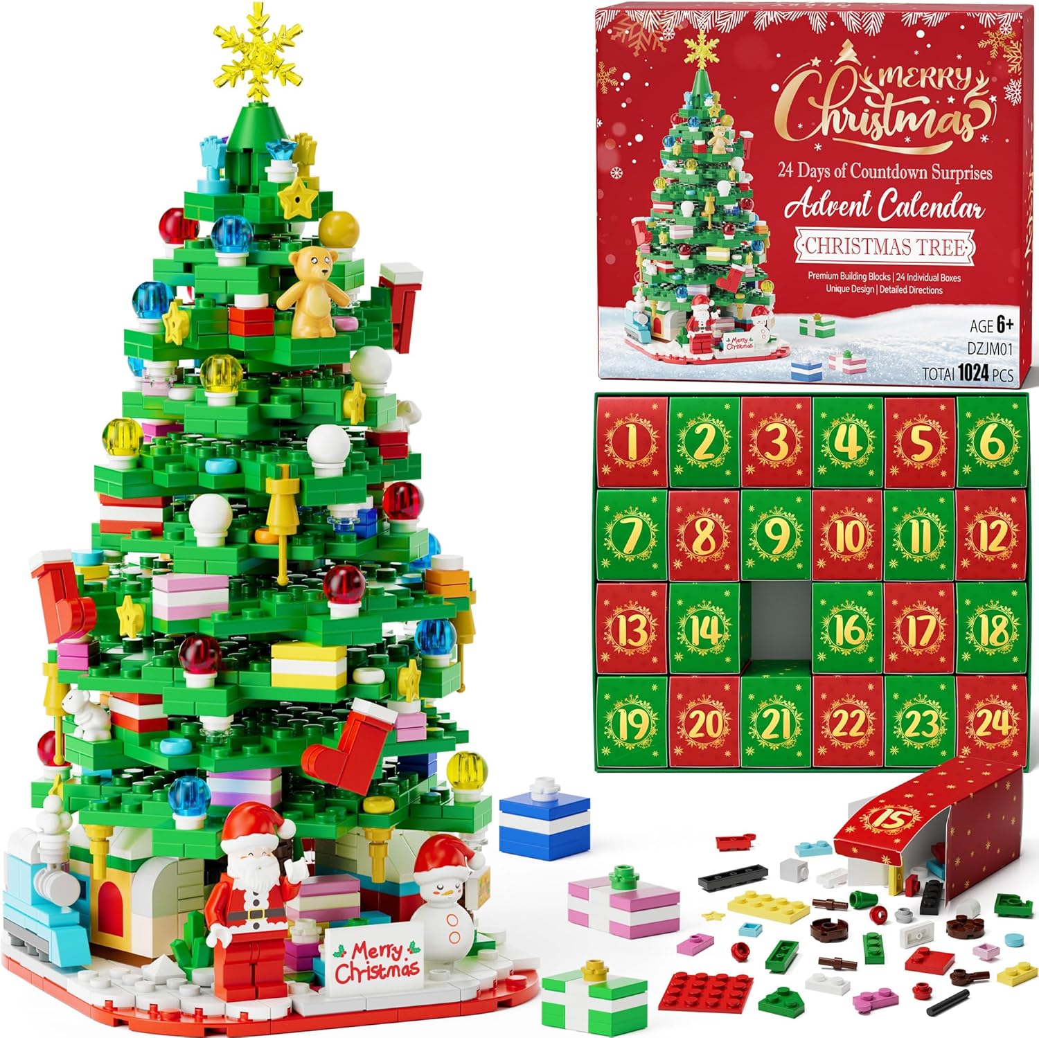 Advent Calendar 2025 for Kids Boys Girls, 24 Days Surprise Christmas Tree Building Blocks Christmas Countdown Calendar Gift Box with 1024 PCS Xmas Building Bricks Toy Decor for Teens Adults Women Men