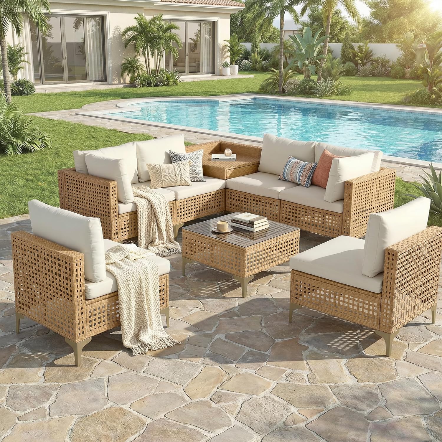 PORWEY 8 Pieces Outdoor Patio Furniture Set with Storage Box, All Weather Wicker Patio Conversation Set with Glass Top Table for Backyard, Porch, Natural/Beige