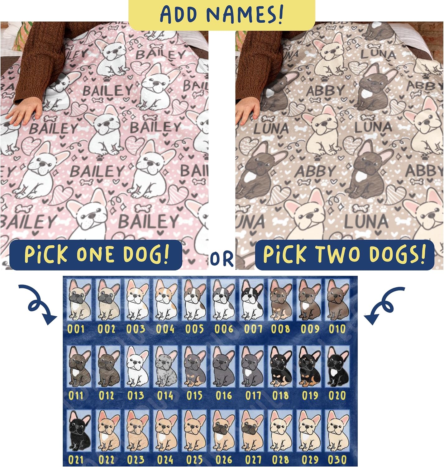review Generic Cute Custom French Bulldog Blanket with Name & Coat Colors (Gray, Grey, Brown, Black, Brindle, Cream, Sable, Blue, Merle, White, Tan Frenchie), k010001
