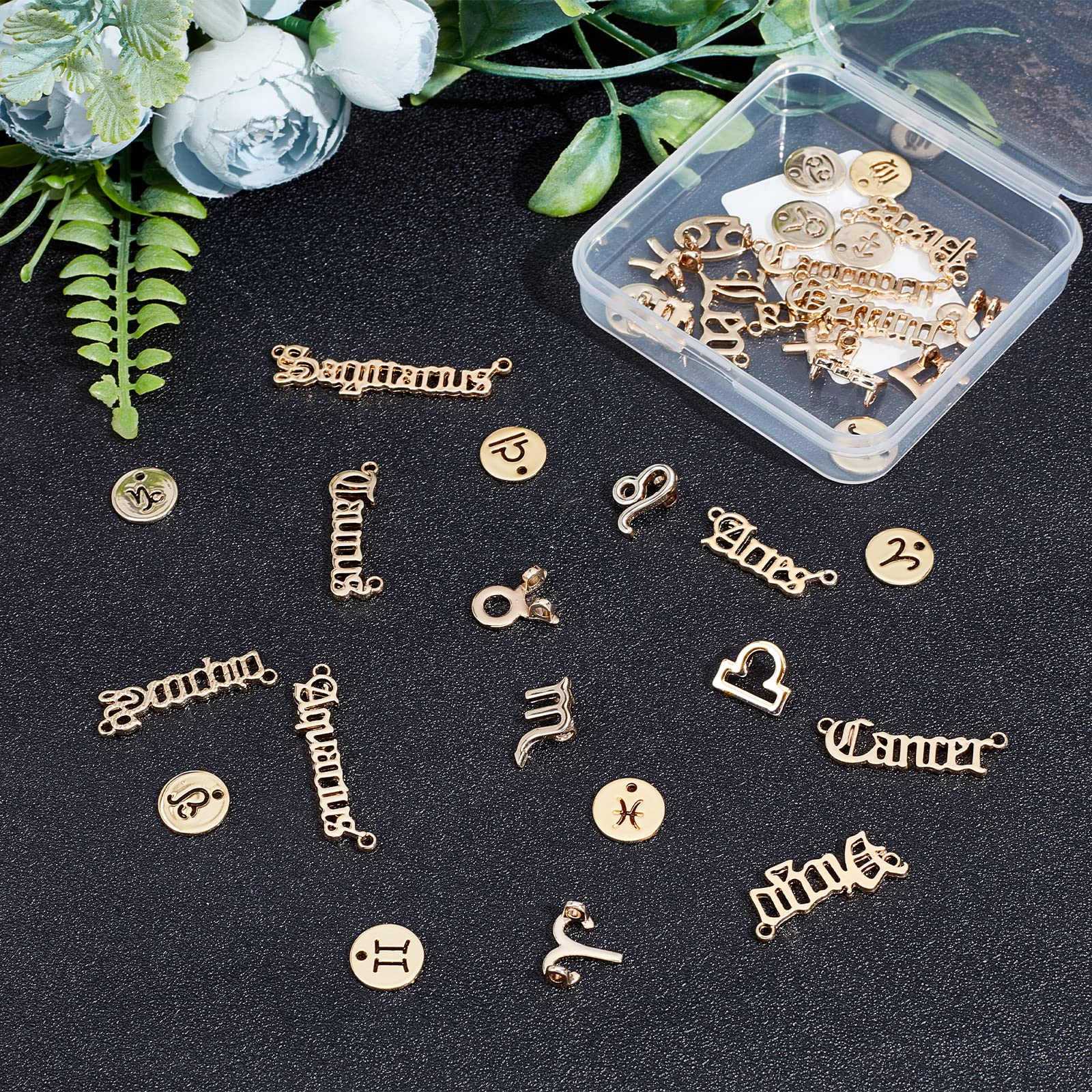 SUNNYCLUE 36 Pezzi Di Charm Zodiacali Oro - Set Di Ciondoli Per Bigiotteria Con 12 Segni Zodiacali E Parole - Ideali Per Creazione Di Bracciali E Orecchini