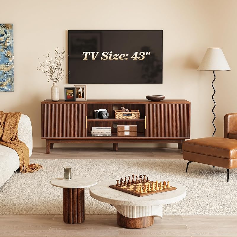 PRAISUN 54 Inch Fluted TV Stand for TVs Up to 55, 60 Inch, Mid Century Modern Entertainment Center with Storage, TV Console with Adjustable Shelves, Media Console for Living Room Bedroom, Brown image 2