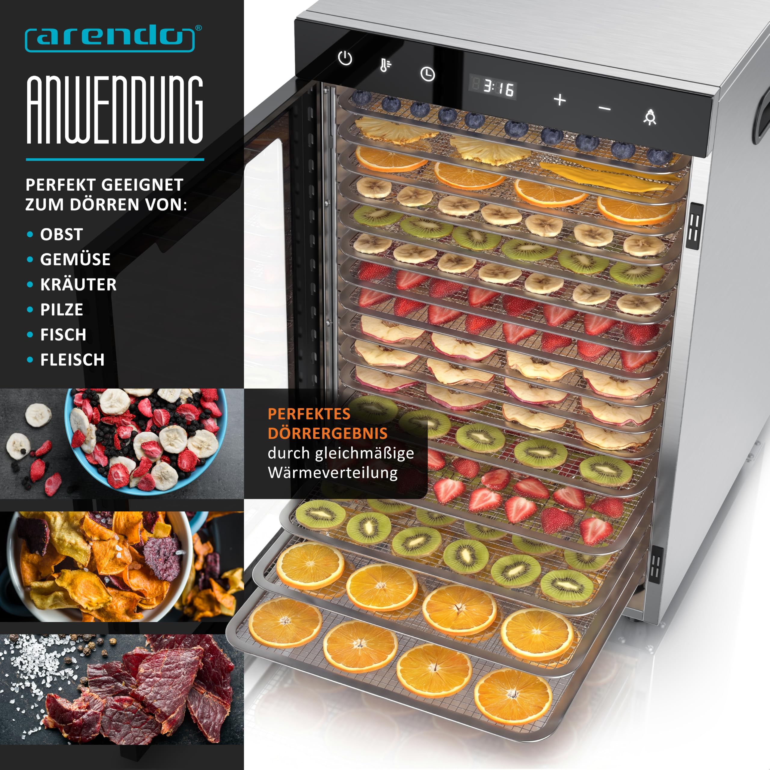 Arendo - Dörrautomat Edelstahl mit 16 Edelstahlgitter - 1000 Watt - 13400 cm² - 8 Programme - Dörrgerät Dehydrator Obsttrockner Dörrapparat - Obst Fleisch Pilze uvm - LED Touch Control