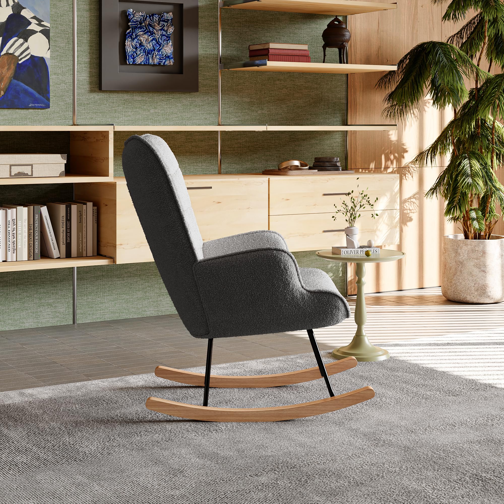 LIVLUX Fauteuil à Bascule, Rocking Chair avec Accoudoirs, Fauteuil Allaitement,Pieds en Bois Massif, pour Salon Chambre à Coucher Balcon Jardin (Gris foncé A, 68 x 75 x 92 cm)