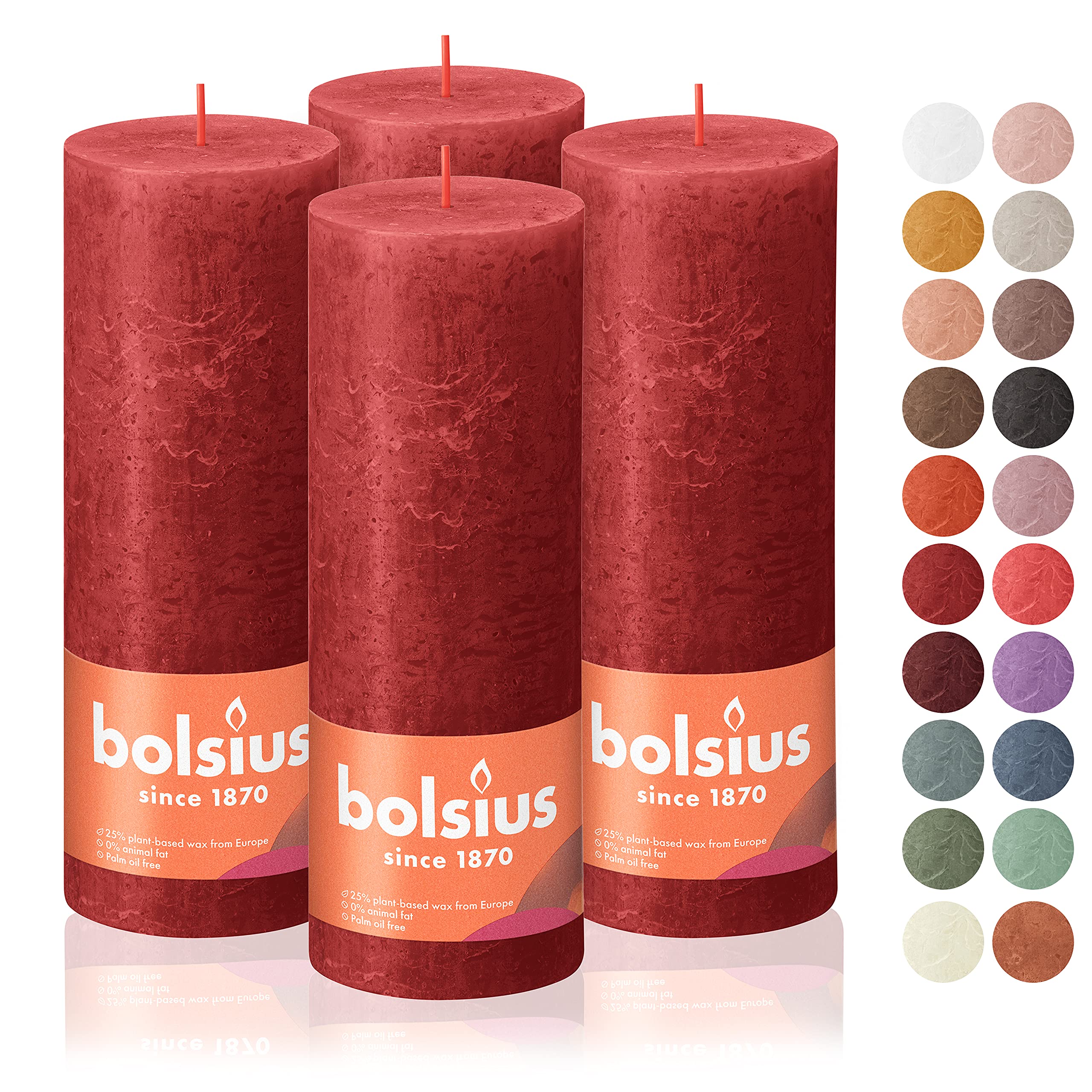 BOLSIUS 4 Pack Delicate Red Rustic Pillar Candles - 2.75 X 7.5 Inches - Premium European Quality - Includes Natural Plant-Based Wax - Unscented Dripless Smokeless 85 Hour Party and Wedding Candles