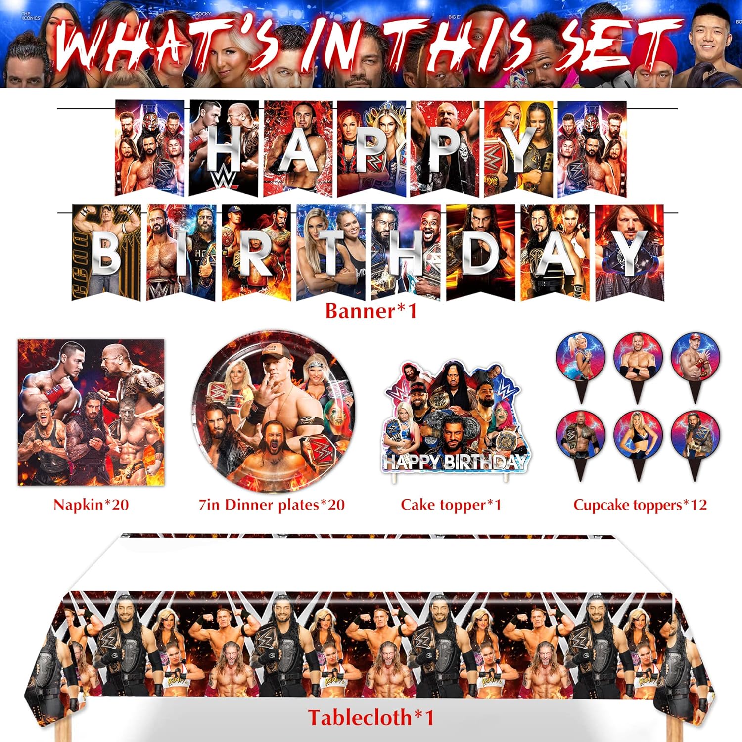 Wrestling Birthday Supplies, 55Pcs Wrestling Decorations include Banner, Tablecloth, cake topperPlates and Napkins for Teens Kids Party Decor