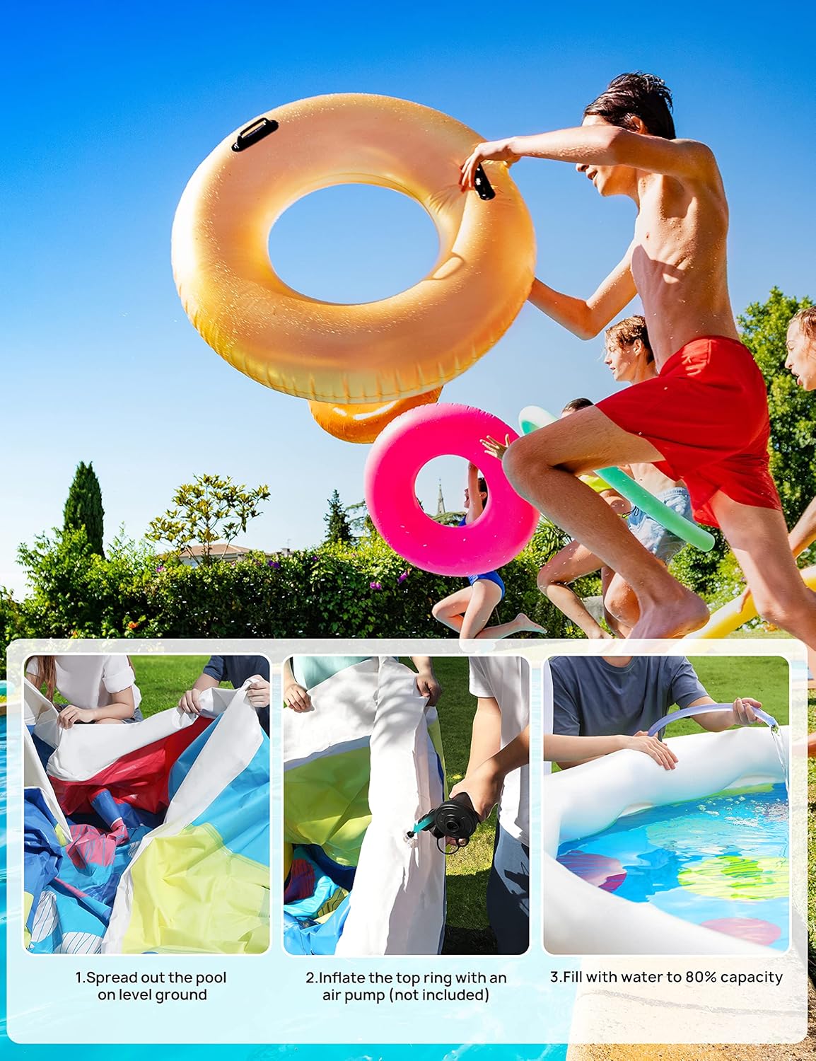 Image showing the three steps for setting up the inflatable pool: spreading it out, inflating the top ring, and filling with water.