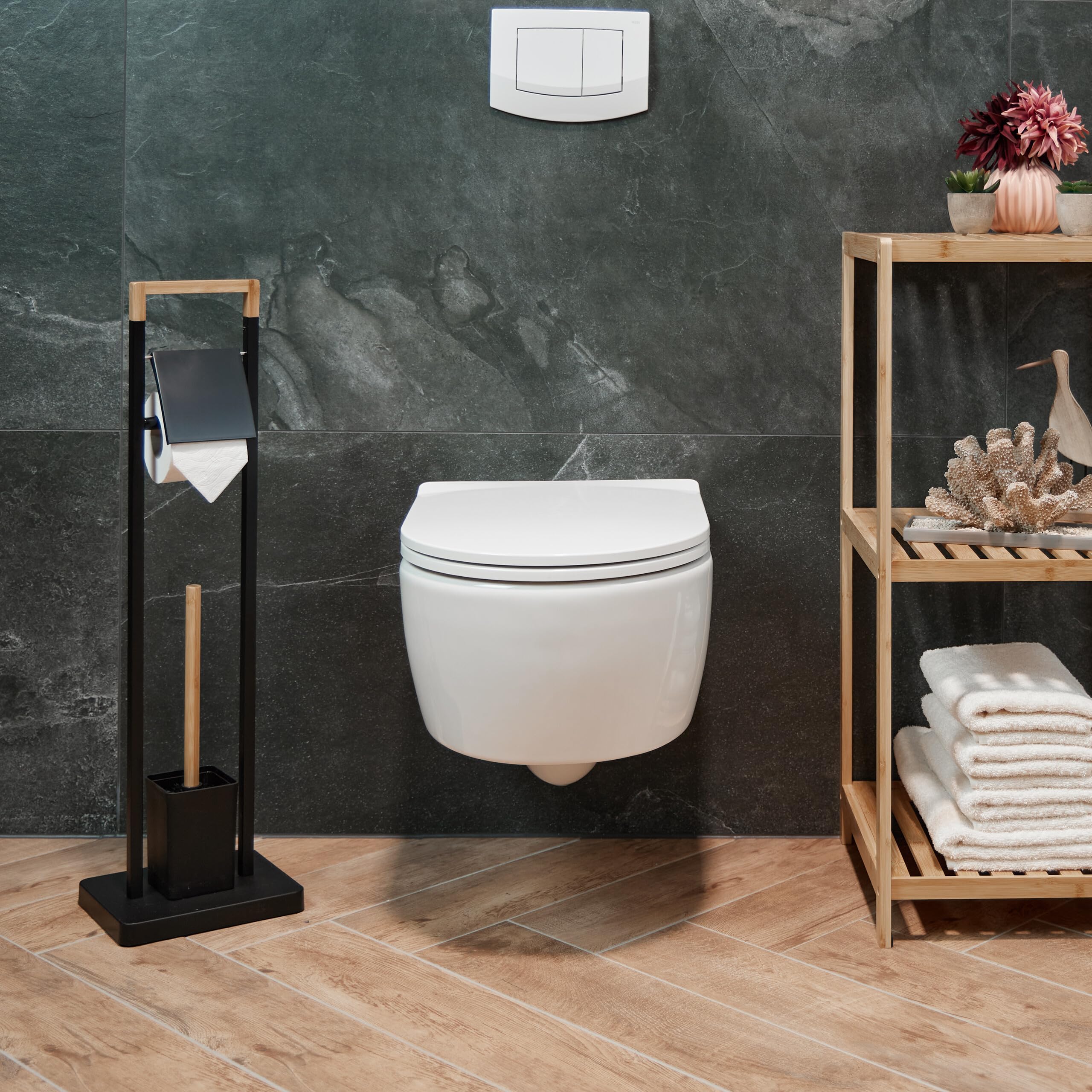 Relaxdays Zestaw do WC, bambus, stal nierdzewna, stojący uchwyt na papier toaletowy, szczotka toaletowa z uchwytem na szczotkę, czarny/naturalny