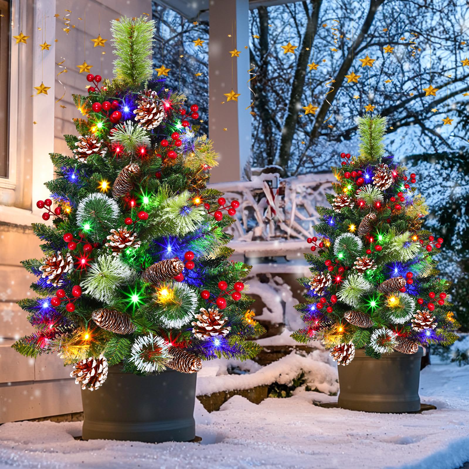 Choinka na zewnątrz, 2 sztuki, 84 cm, wypełniacz do urny bożonarodzeniowej z 50 ciepłymi i kolorowymi światłami, sztuczna choinka 8 trybów timera, mieszane końcówki szyszki czerwone jagody zasilanie