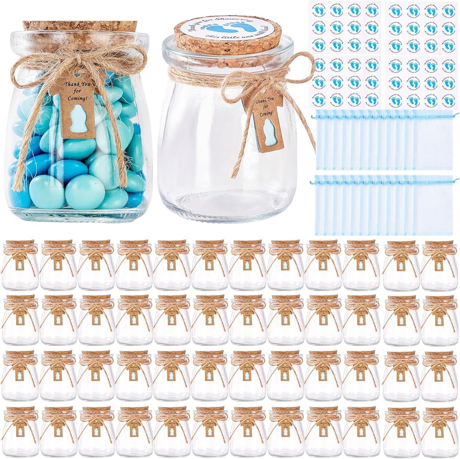 KIVIVO 48 Pcs Baby Shower Party Favors for Guests, Baby Shower Gifts for Guest, 3.4 oz Small Glass Mason Jars with Cork Lids, Stickers, Label Tags, Twine, Organza Bags, Mini Candy Jar Favors for Boy