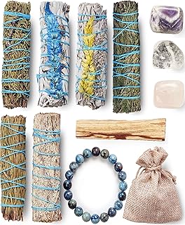 Earth & Air Smudging Kit - 2 Bundles of Flower White Sage, Blue Sage, Juniper, Cedar, Rosemary, Amethyst, Clear & Rose Qua...