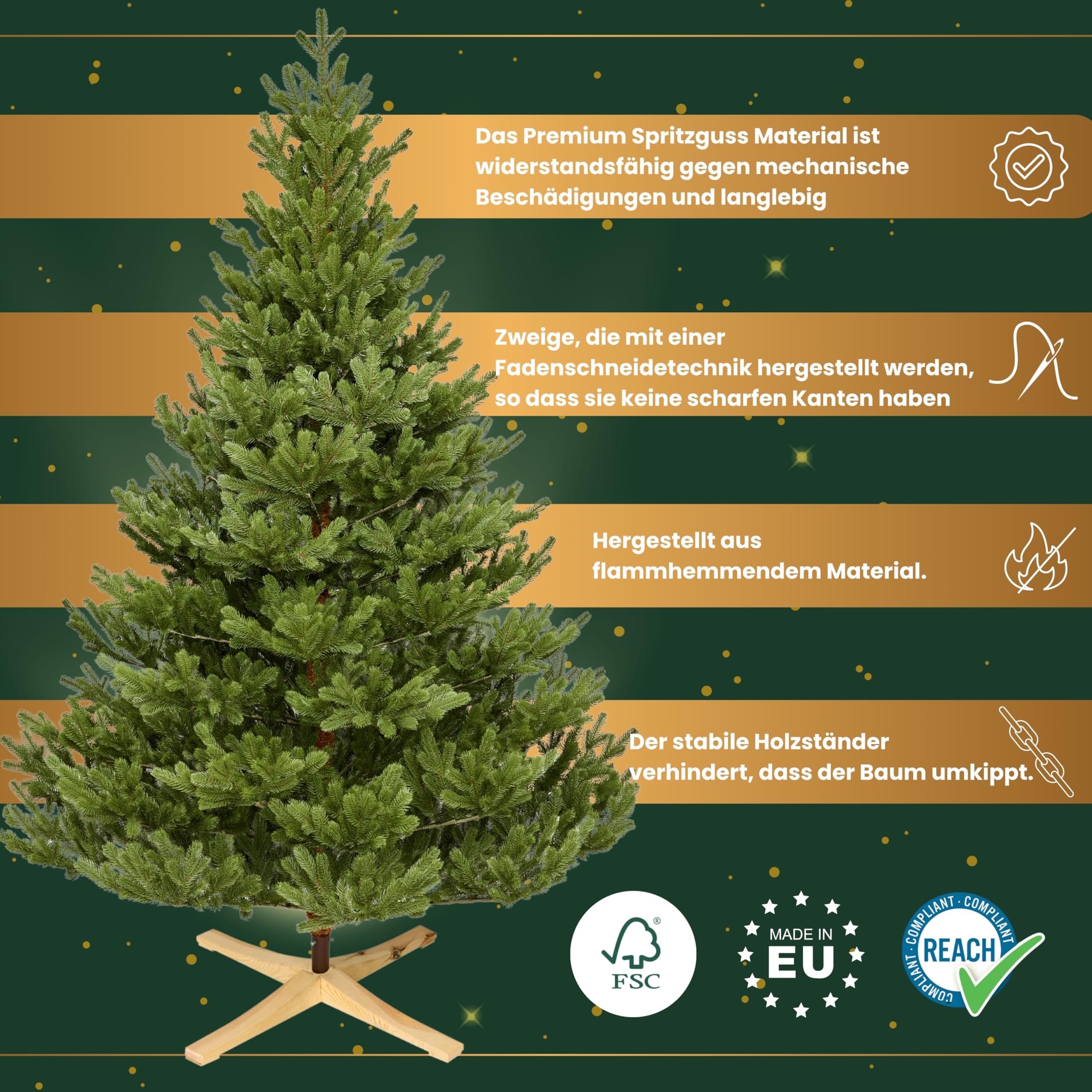 Premium Künstlicher Weihnachtsbaum 180 cm Nordmanntanne [100% Spritzguss] Tannenbaum Künstlich inkl. FSC zertifiziertem Holzständer I Christmas Tree Made in EU