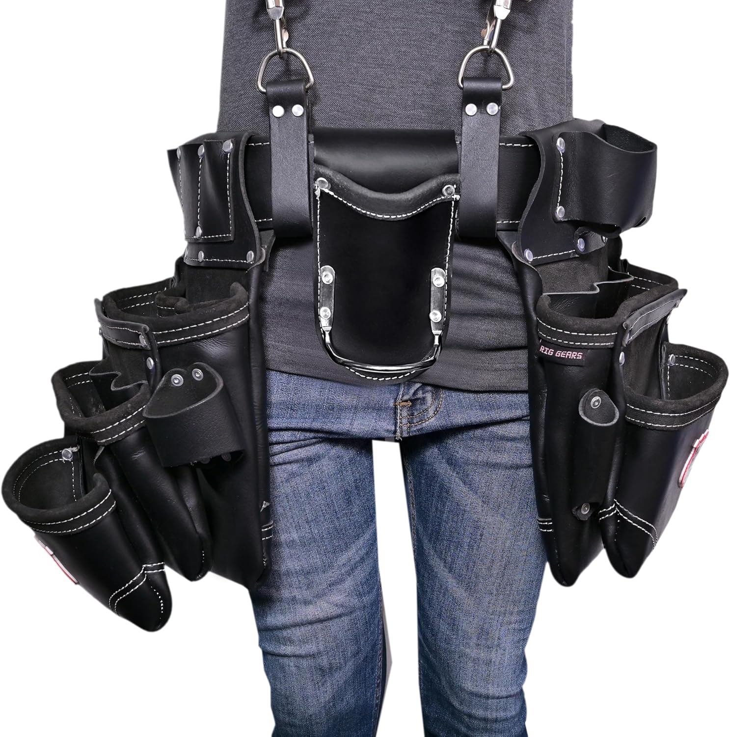 Leather Tool Belt with Suspender Detachable D-Loop Adjustable Padded Suspender Full Grain Leather Work Belt for Construction, Carpenters, Electricians, Farming Oil Tanned