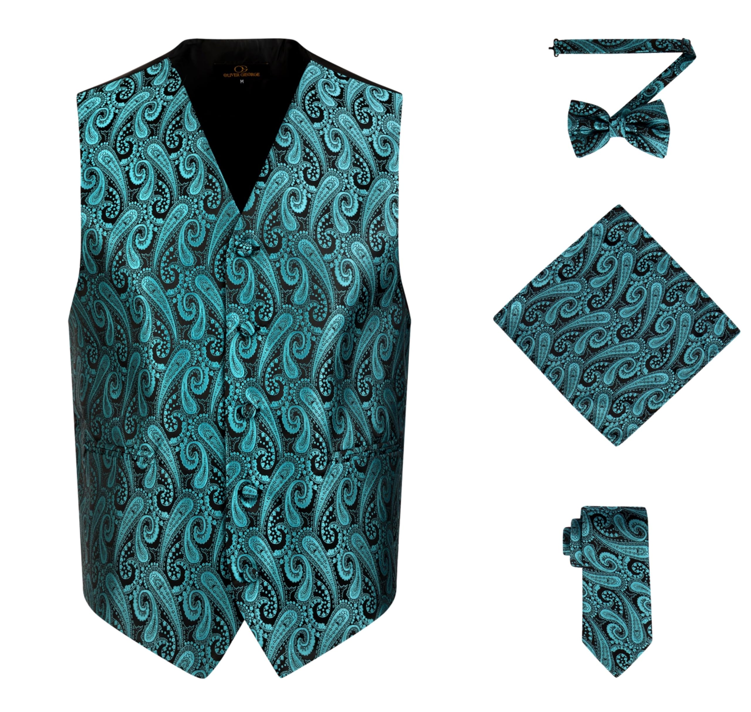 Oliver George Men's Teal Green 4Pc Paisley Formal Suit Waistcoat Tuxedo Dress Vest Necktie Bowtie Handkerchief Set For Suit Or Tuxedo, Xxxxl