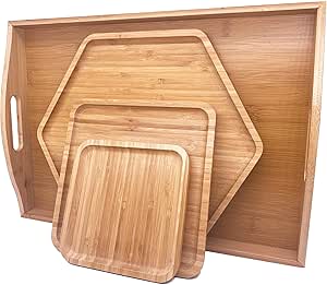 PAFREWOG Bamboo Serving Trays Charcuterie Platter 16.5"x11.8"（42x30cm with Handle, Set Includes 1xHexagon 12.5"(32cm)+1xSquare 7.8"(20cm)+1xSquare 5.9"(15cm) Small Plates for Family Dinner