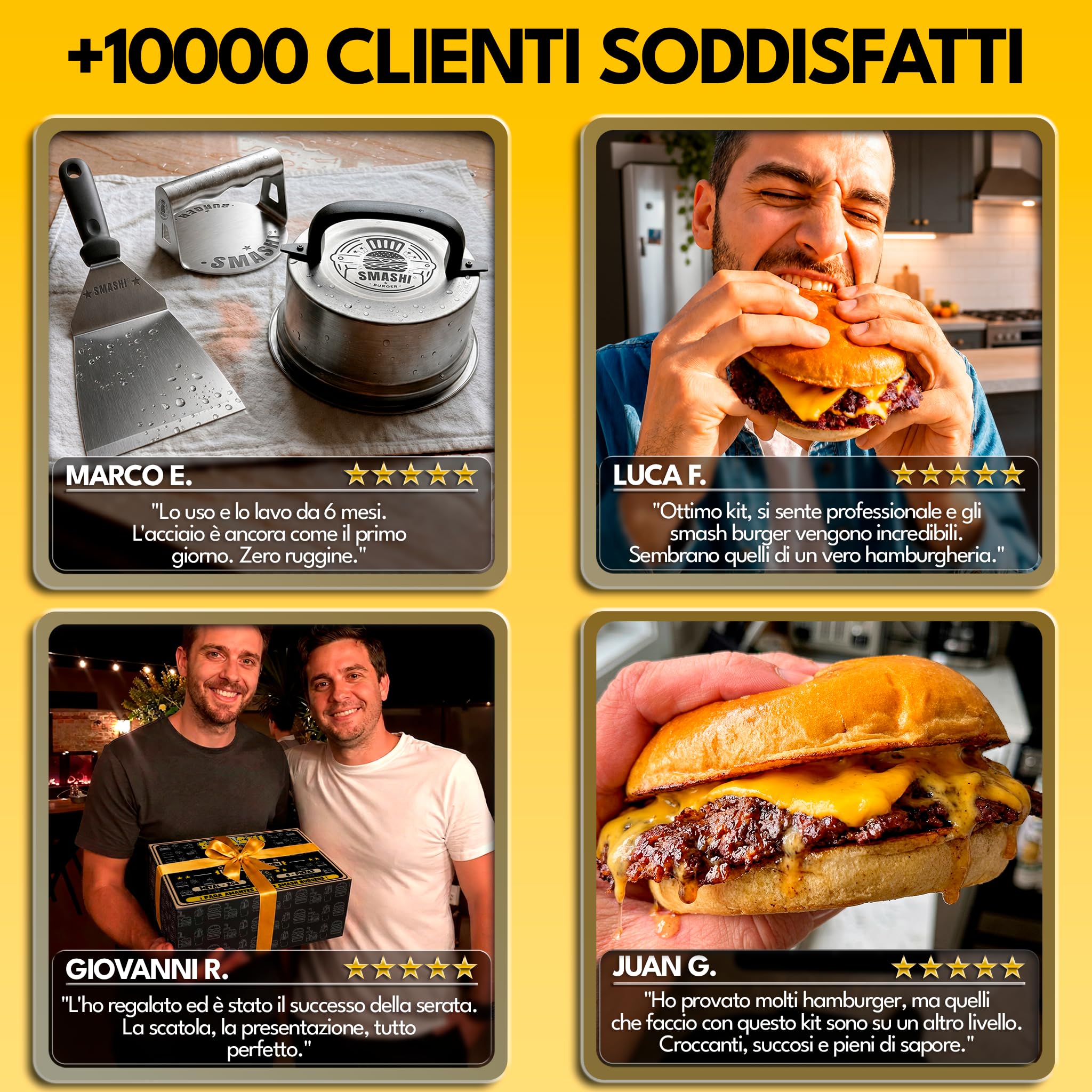 SMASHI® Kit Smash Burger Professionale | Pressa Hamburger Acciaio Inox 304 + 2 Spatole + 2 Cupole + 50 Fogli Antiaderenti | Certificato CE | Schiacciatore Hamburger Originale
