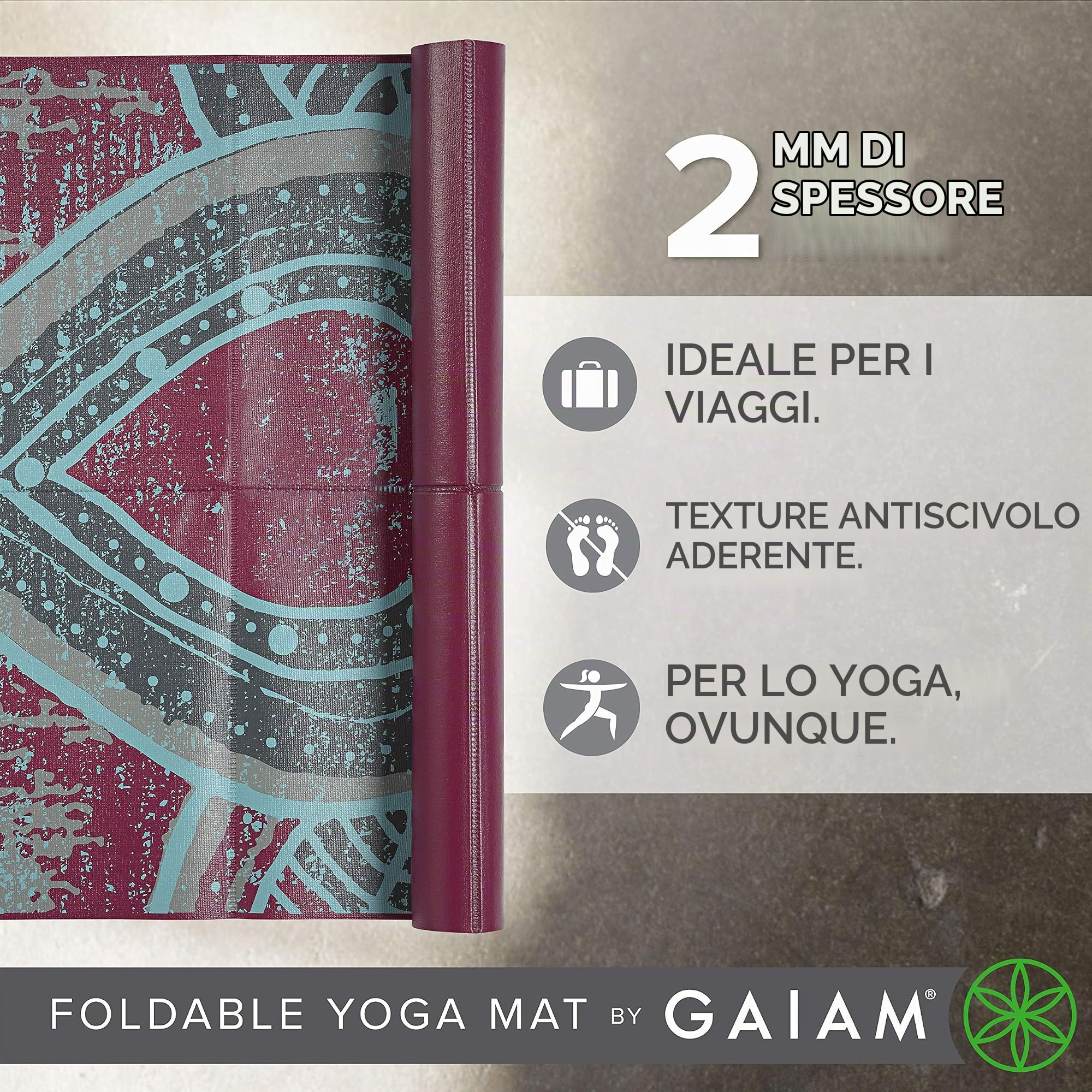 Gaiam Tappetino da yoga, pieghevole, da viaggio, per fitness ed esercizi, tappetino da yoga pieghevole per tutti i tipi di yoga, pilates e allenamenti a pavimento (172,2 cm di lunghezza x 61 cm di