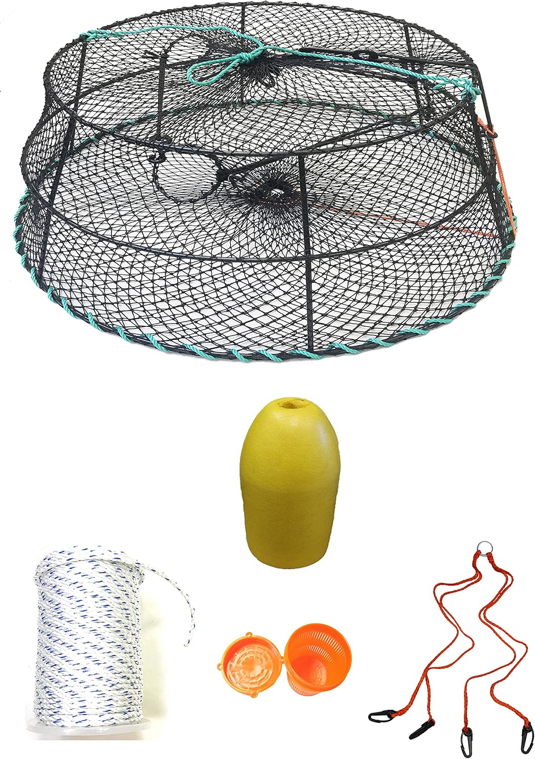KUFA Sports Tower Style Prawn Trap with 400' Rope, Yellow Float, Vented Bait Jar & Harness Combo (CT79+PAS35+HA2)