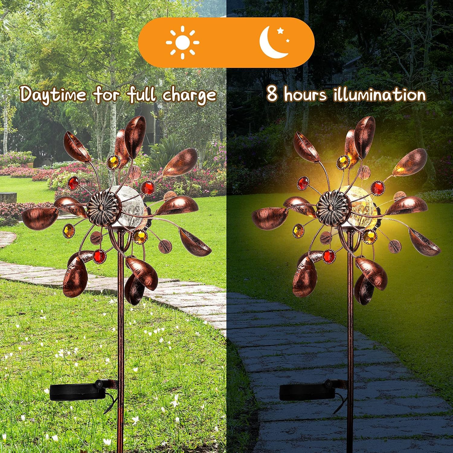 Honoson Solar Wind Spinner LED lighting Solar Powered Kinetic Wind Spinner Solar Glass Ball Wind Mill light for Christmas Patio Yards Gardens Decoration (Chic Style) - Image 5