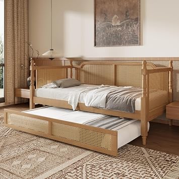 Traditional Style Full Daybed with Trundle, Rattan Wood Bed Frame for Limited Space, Guest Room, No Box Spring Needed Antique Walnut, Full/Trundle