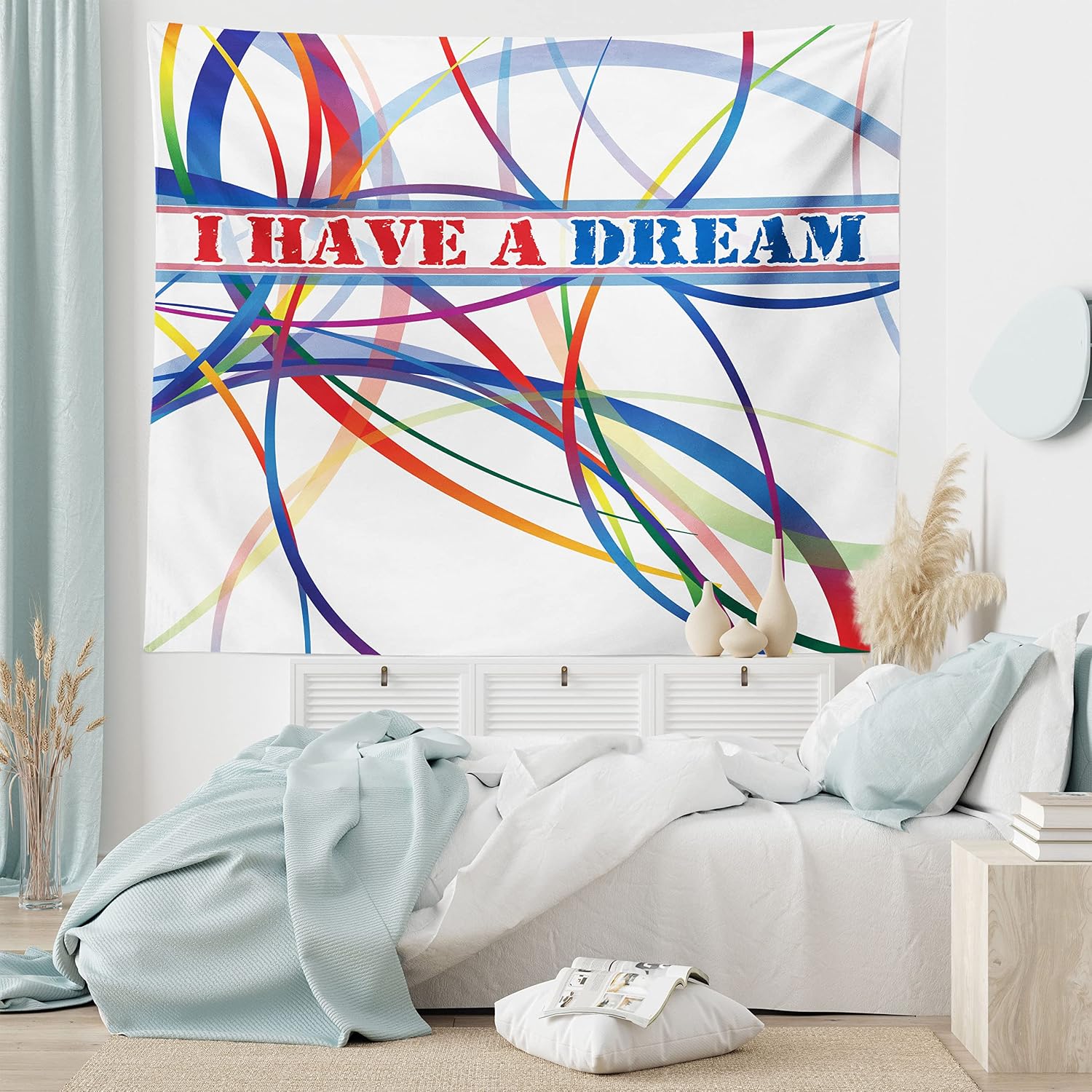 Ambesonne Saying Tapestry, I Have a Dream Famous Words by MLK Black History Month American Artwork, Wide Wall Hanging for Bedroom Living Room Dorm, 80" X 60", Red Blue image 5