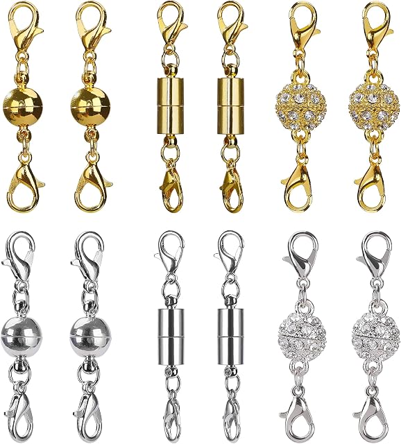 Magnetic Jewelry Clasps Magnetic Lobster Clasps for Necklace Bracelet Jewelry Making Rhinestone Ball Style, Cylindrical and Ball Tone (Gold and Silver) 12 Pieces
