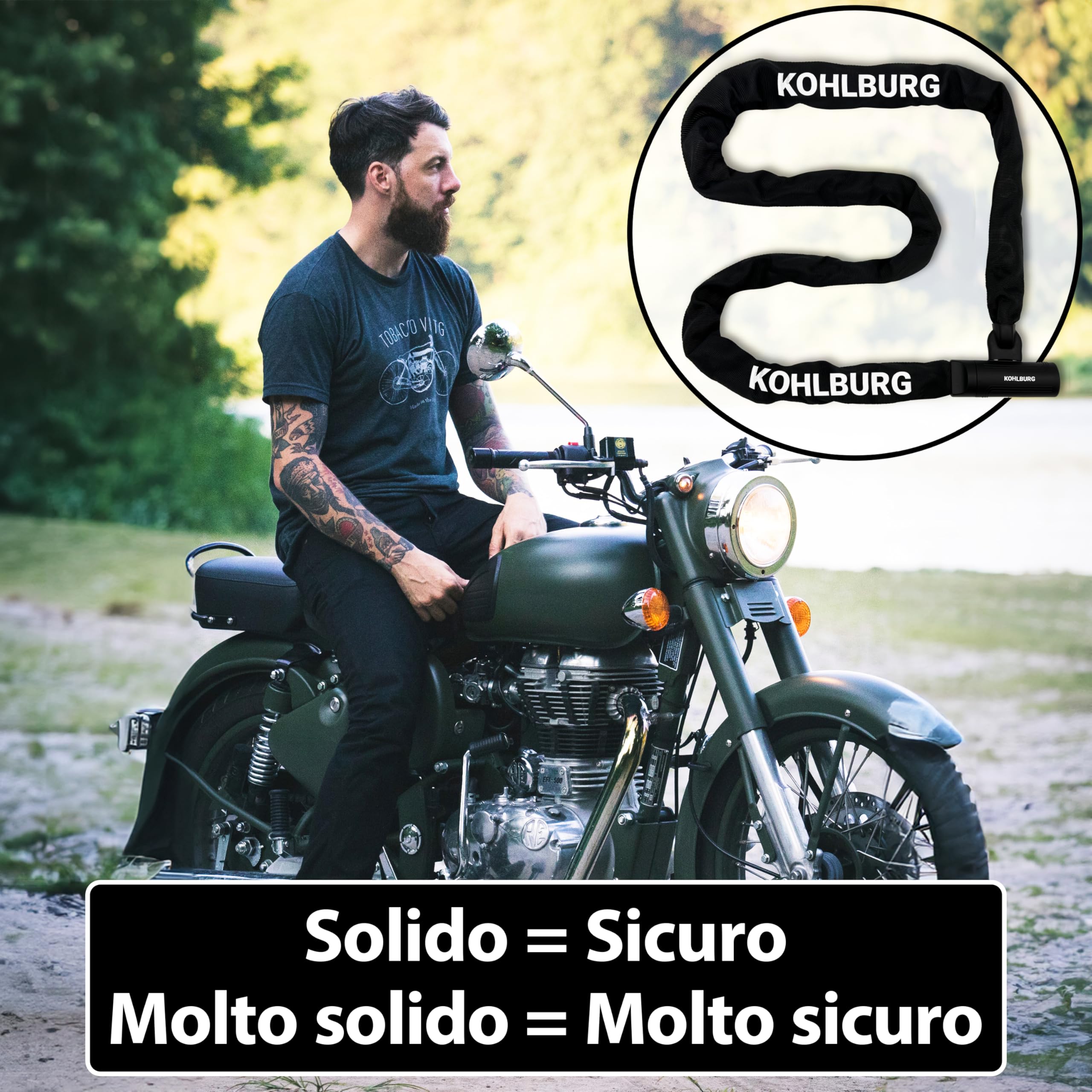 KOHLBURG 200cm Catena antifurto di sicurezza con catena quadrata da 8,3 mm in acciaio speciale, 2 metri extra lunghi, antifurto per bici sicuro da 2m di lunghezza, 4 chiavi per e‑bike, bici e moto