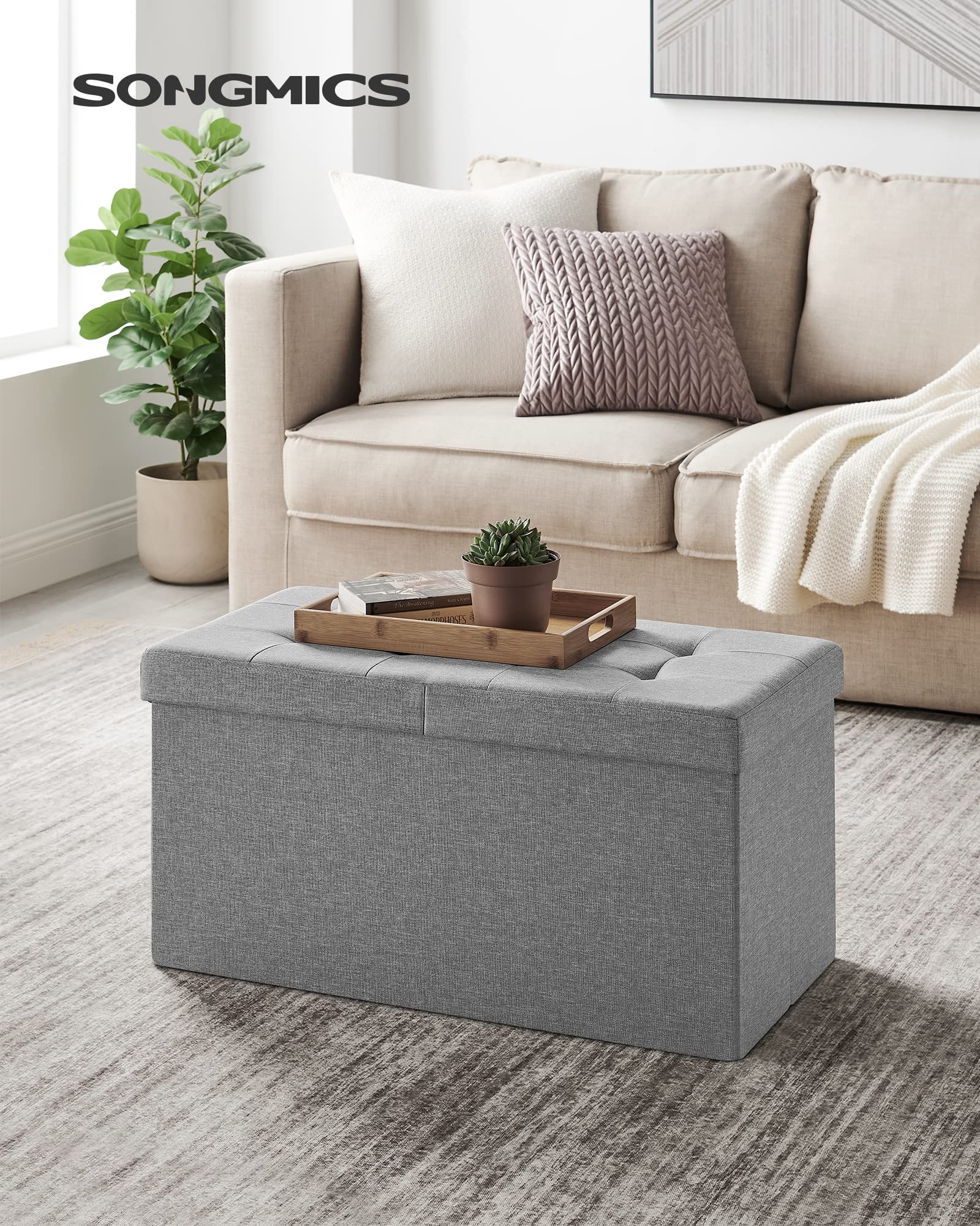 SONGMICS Puff Almancenaje, Banco Almacenaje Plegble, 38 x 76 x 38, Tapa Abatible, Taburete con Reposapiés, Carga de 300 kg, para Entrada Sala de Estar, Dormitorio, Gris Ceniza LSF41G