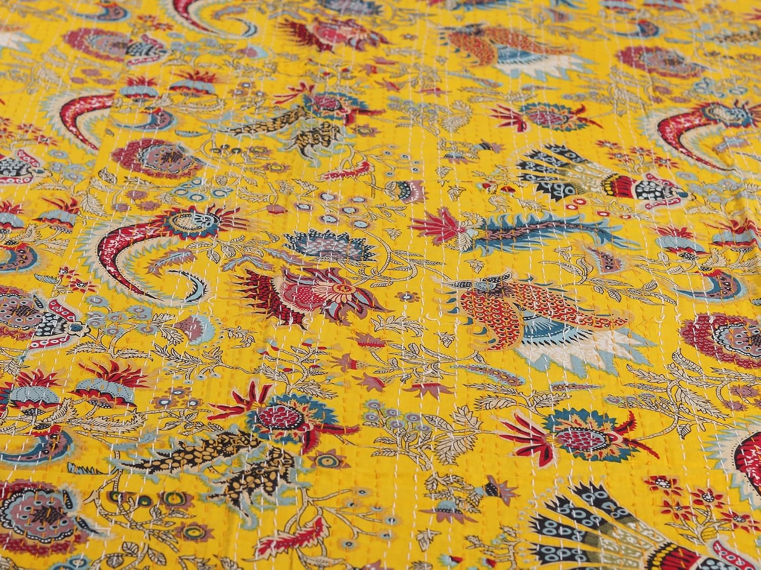 Exotic India Floral Multicolor Printed Twin Size Bedcover from Jaipur with Kantha Straight Stitch - Pure Cotton - Color Yellow