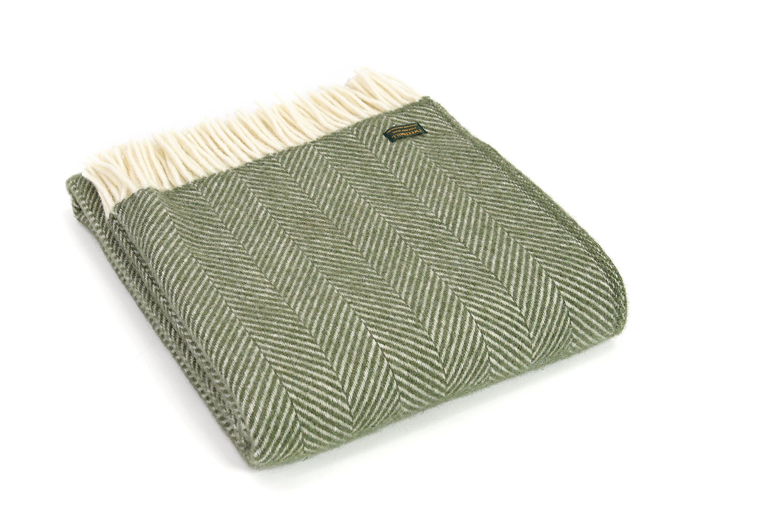 Tweedmill British Made Textiles Country Green & Cream Herringbone 100% Wool Blanket Throw