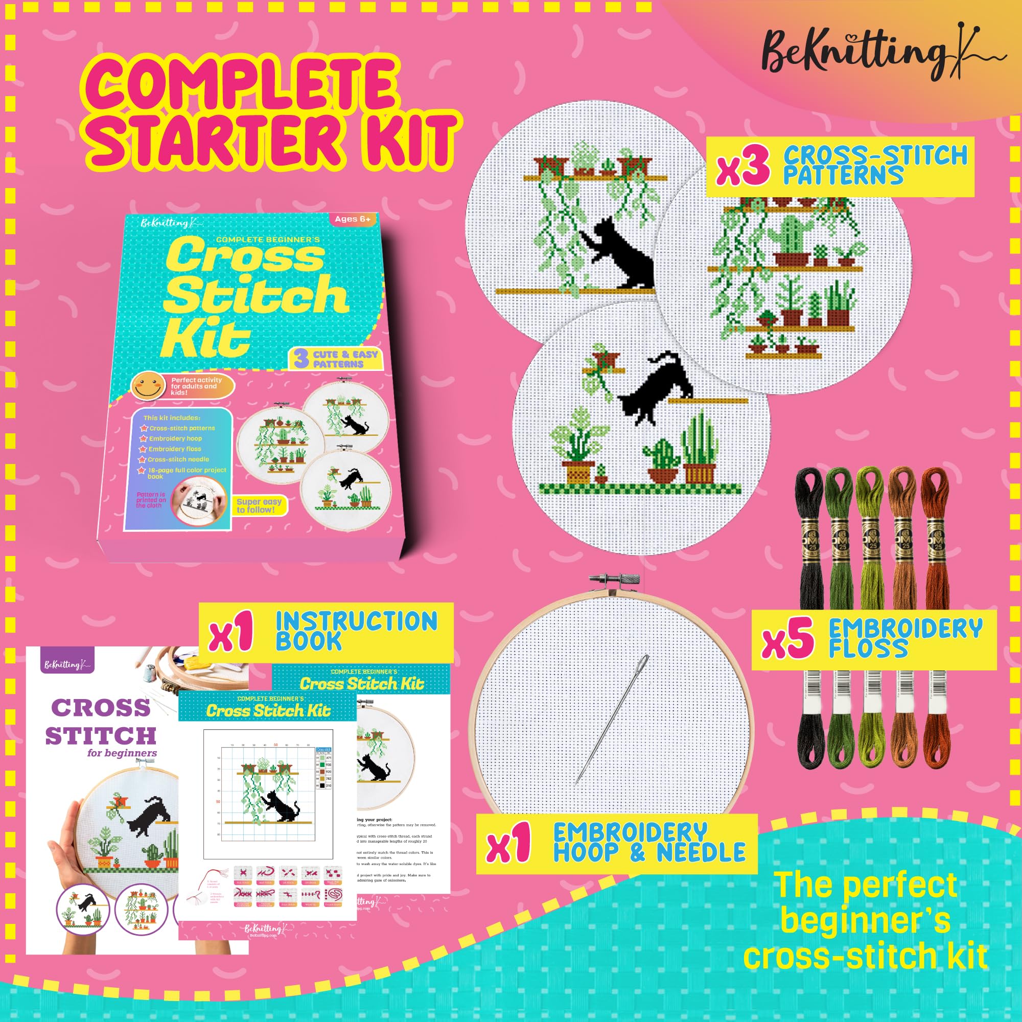 BeKnitting Cross Stitch Kit for Beginners Adults & Kids - Cross-Stitch Patterns, Embroidery Hoop, Floss & Needles