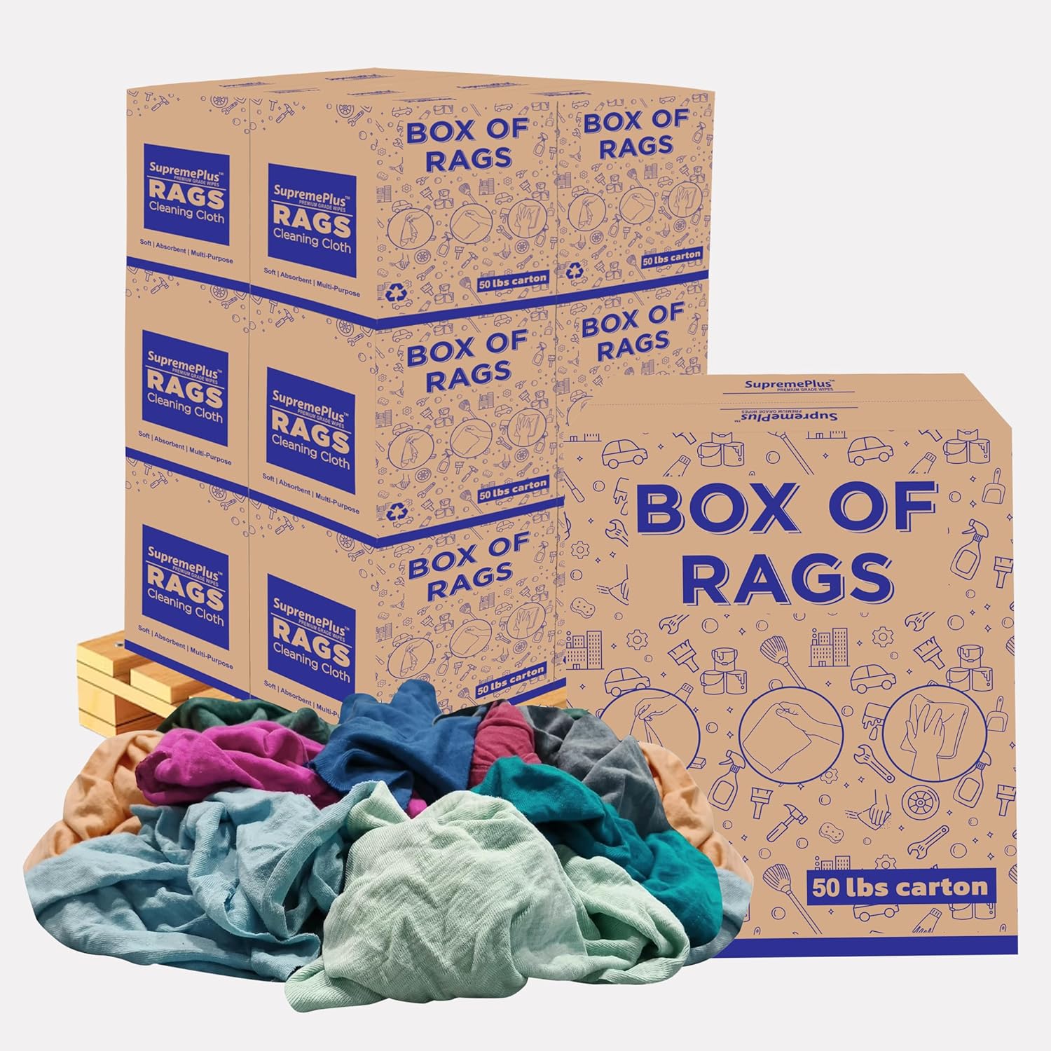 Recycled Color T-Shirt Cleaning Rags 600 lbs Pallet - 12x50 lbs Rags in Box Cotton Cloths Perfect for