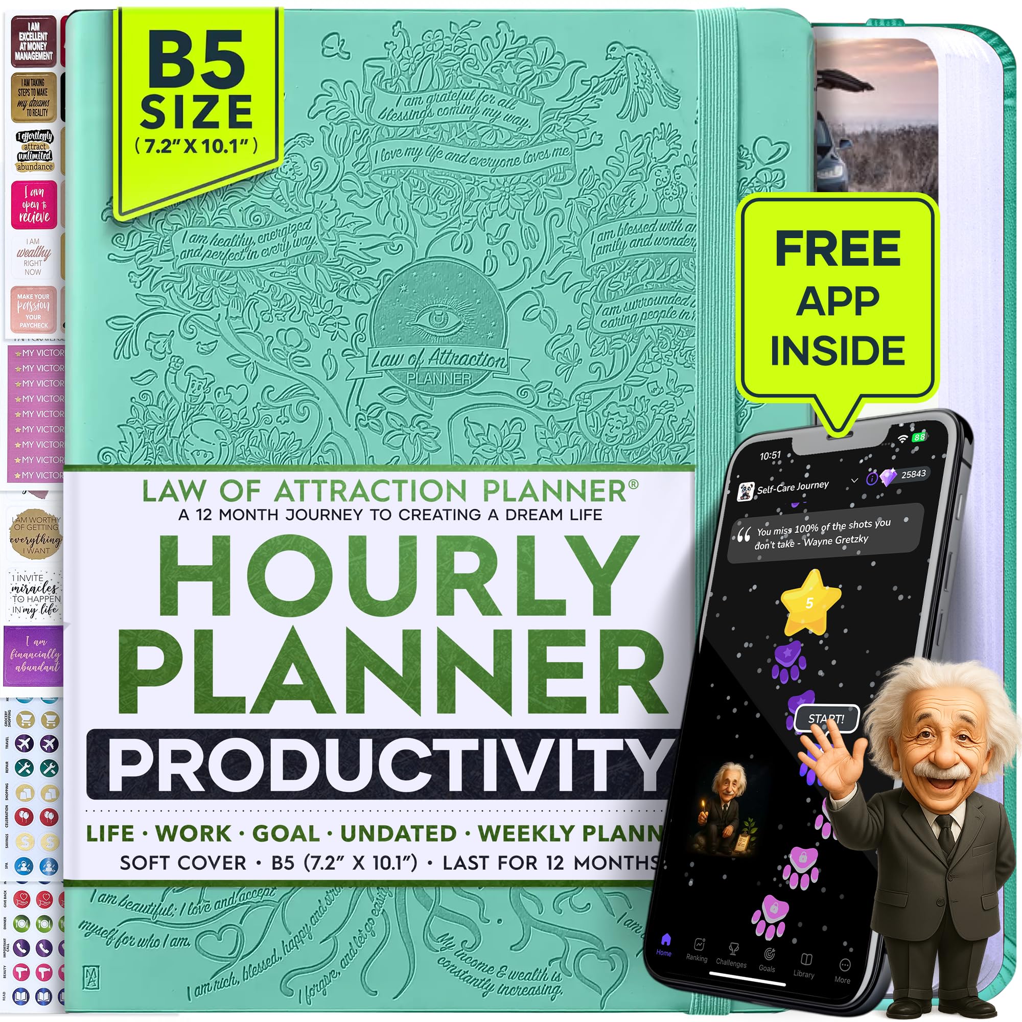 Law of Attraction Planner - Undated Hourly, Weekly & Monthly Goal Setting Planner, 12-Month to Increase Productivity | Life & Gratitude Journal, Include Foldable Vision Board, Gift Box & Stickers