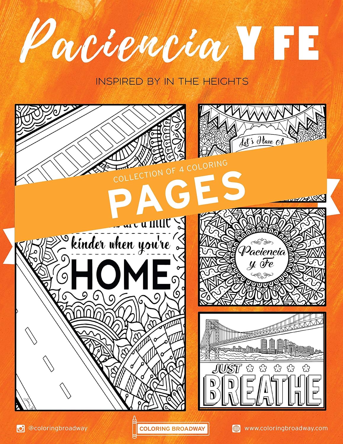 Coloring Broadway - in The Heights Inspired Coloring Pages (Set of 4) “Paciencia y Fe” Collection, Broadway Musical Merchandise, Card Stock (8 1/2” x 11”), Ideal Gift for a Broadway Theater Lover