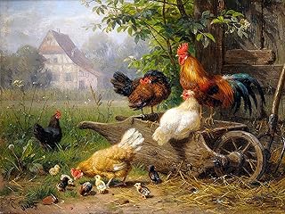 Farm Rooster Chickens by Carl Jutz Accent Tile Mural Kitchen Bathroom Wall Backsplash Behind Stove Range Sink Splashback One Tile 10"x8" Ceramic, Glossy