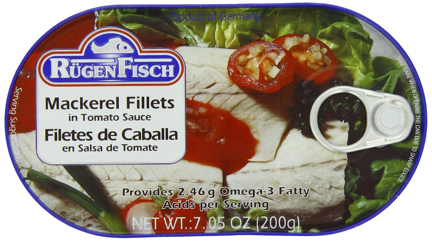 RügenFisch Mackerel Fillets in Tomato Sauce - Premium Omega-3 Protein, Shelf-Stable, MSC Certified 7.05oz Can