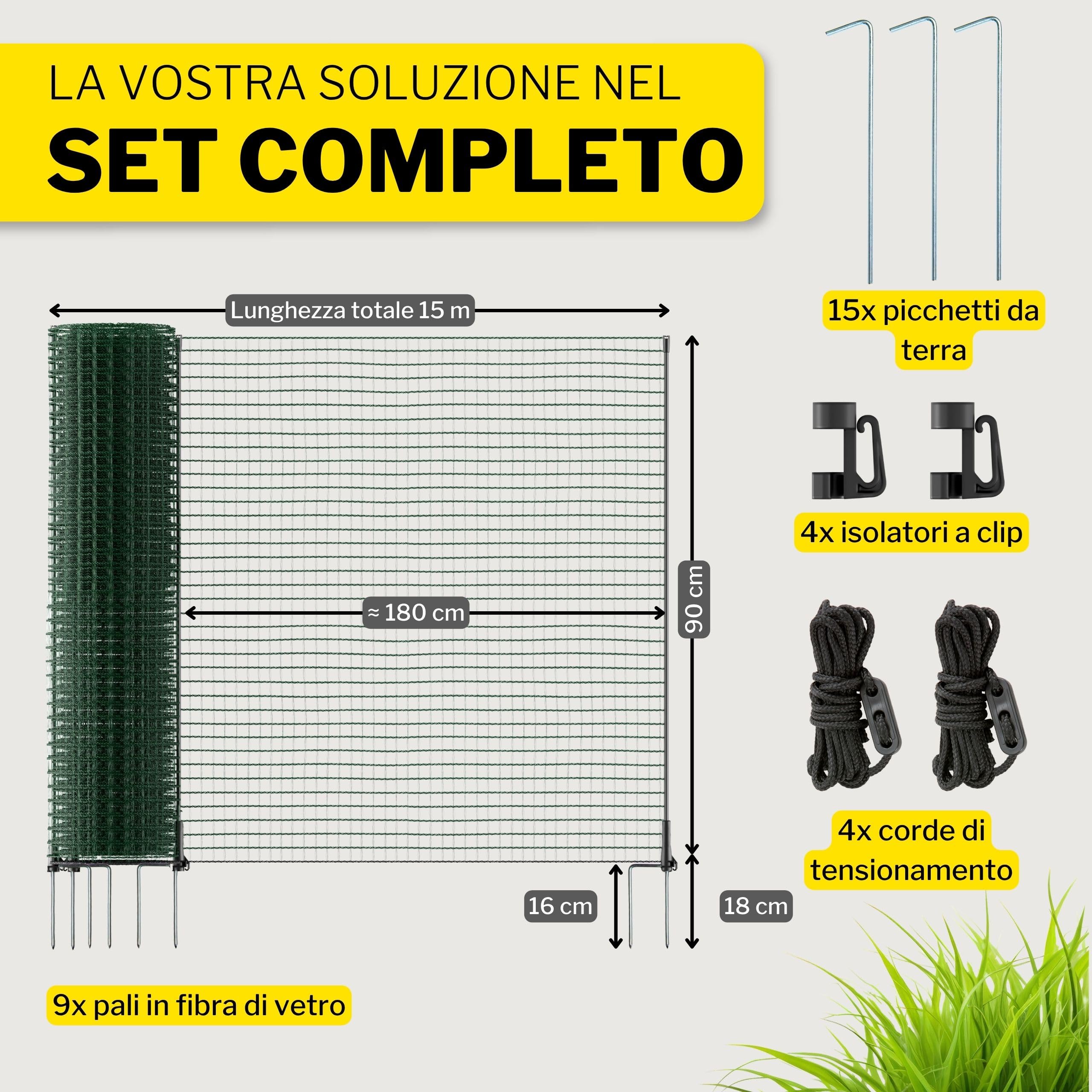 Recinzione per cani Horizont FIX, 15 m x 90 cm, 9 pali doppio chiodo, rete chiusa, recinzione mobile per giardino, pascoli, polli e campeggio