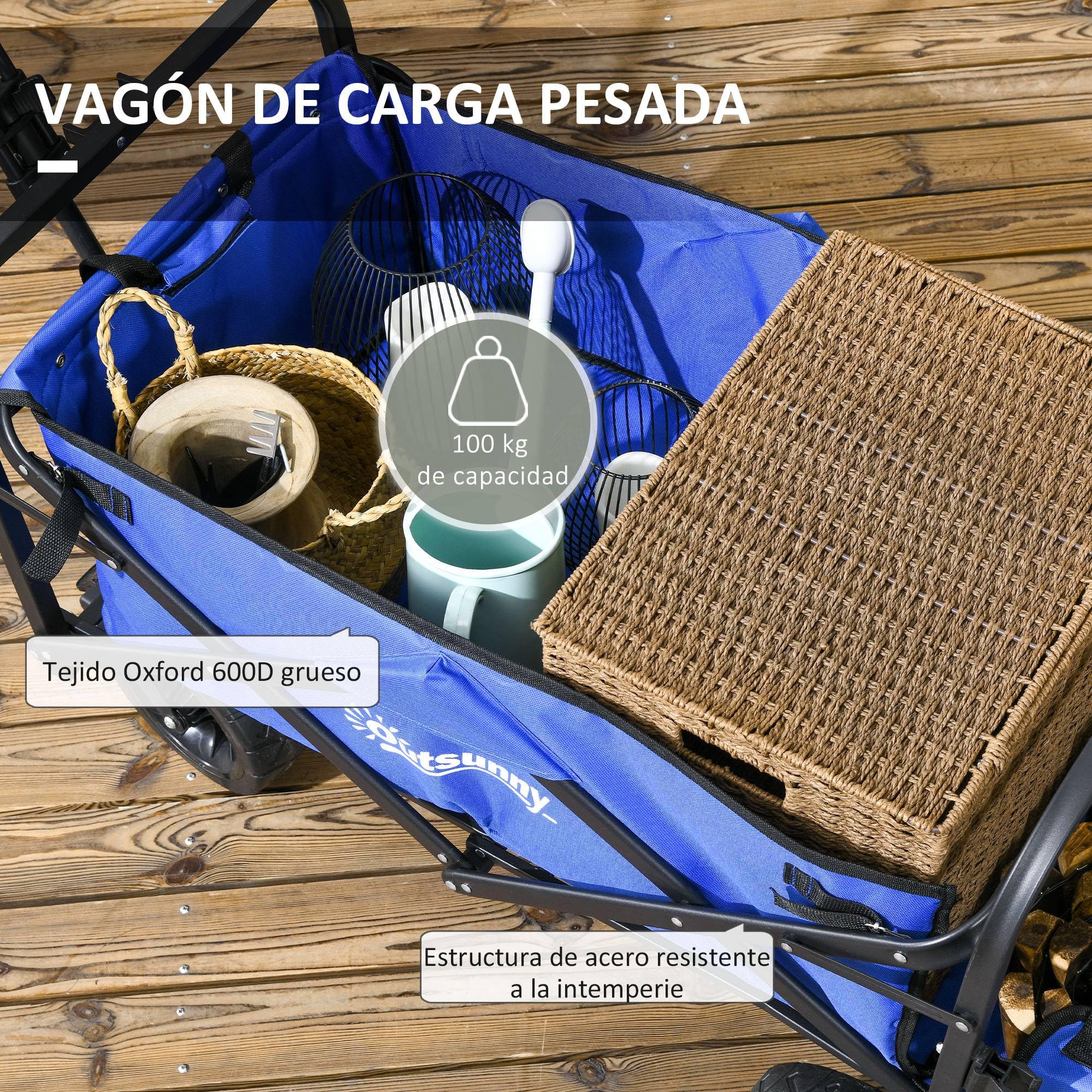 Outsunny Chariot de Jardin et Plage Pliant 100 kg Bleu Foncé | Longueur et angle de poignée réglables, porte arrière, sac de transport, pour shopping