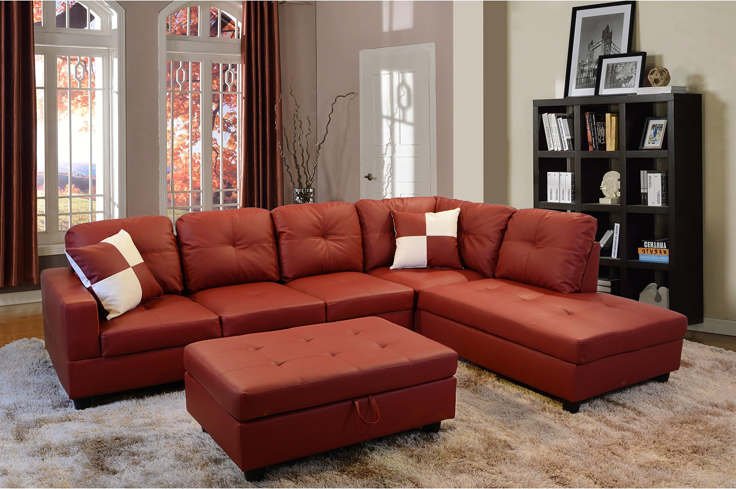 Beverly Red 3 PieceFaux Leather Left-Facing Sectional Sofa Set with Storage Ottoman, Red
