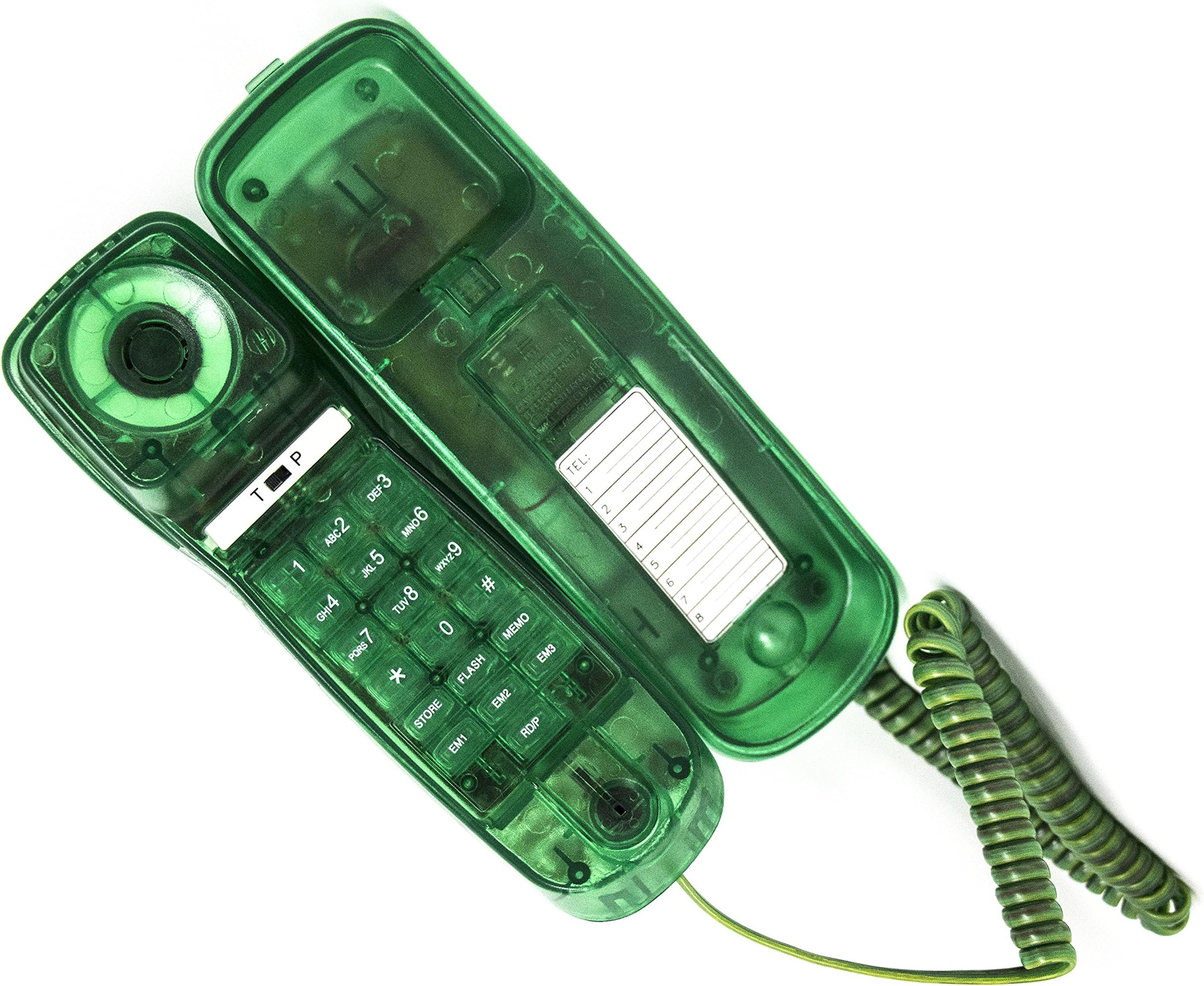 Corded Phone - Caller ID - Retro Novelty Telephone - Emerald Green -Three Language Display, English, French, and Spanish - See Through Trimline Phone – 1960’s Styling