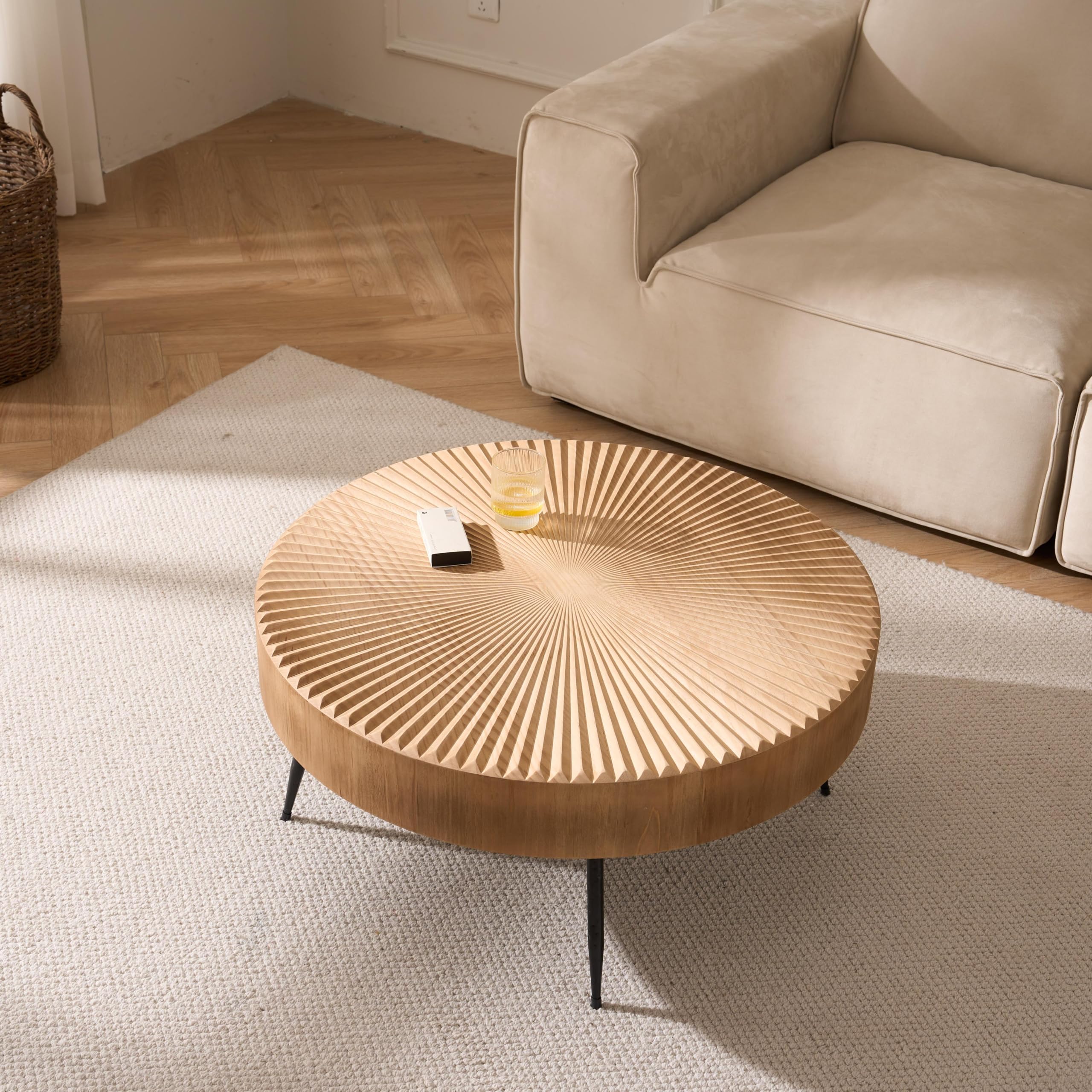 Couchtisch Rund Holz, 2er Set Wohnzimmertisch Rund Holz in linearem Design, Coffee Table Set mit Schwarzen Metallbeinen, Couchtisch im Wohnzimmer, ø77x36cm mit 40x47cm