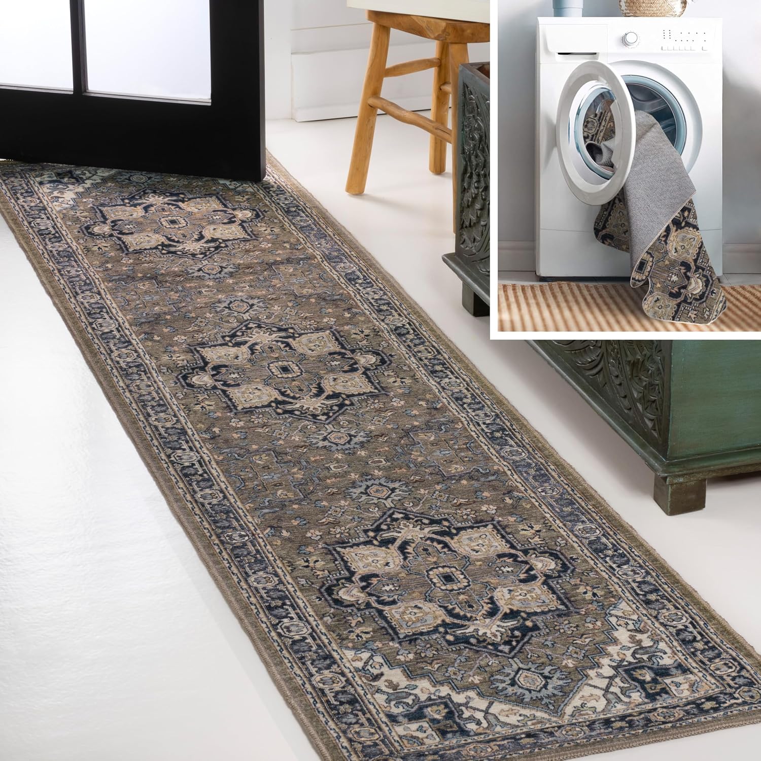 JONATHAN Y Machine Washable Green/Navy/Cream Runner Rug 2X8 ft, Cirali Ornate Large Medallion for Living Room, Bedroom, Kitchen, Office, Easy-Cleaning, Pet-Friendly, Non-Shedding WSH105C-28