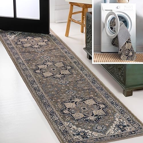 Miniatura 3 de JONATHAN Y WSH105C-28 Cirali Medallón grande adornado lavable a máquina, verdeazul marinocrema, 2 pies x 8 pies, fácil de limpiar, no desprende