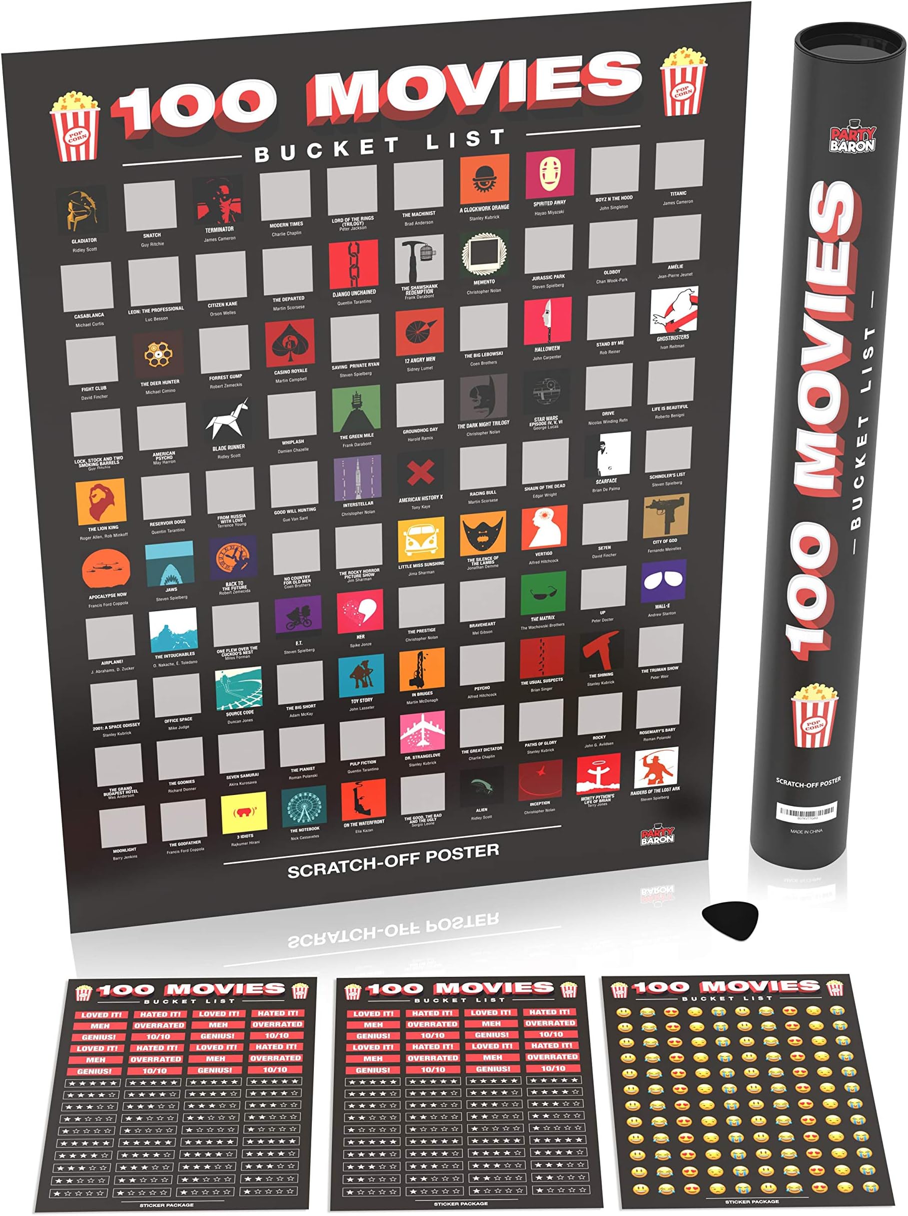 Premium Scratch Off Movie Poster – Top 100 All Time Movies Bucket List – Includes Bonus Stickers & Scratching Tool - Customize Your Poster and Rate Films with Stickers - Perfect for Movie Buffs