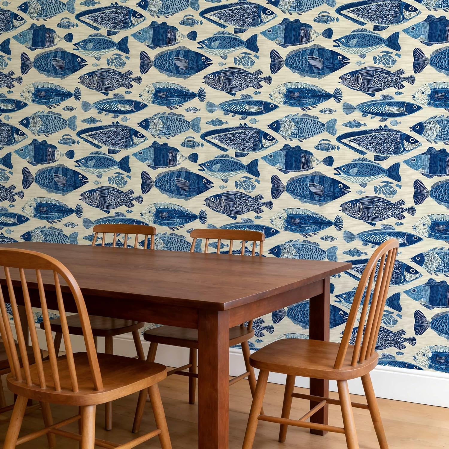 Coastal Fish Peel and Stick Wallpaper, Nautical Blue Marine Wallpaper for Home Decor | 17.7" x 236", Self-Adhesive, Waterproof Vinyl