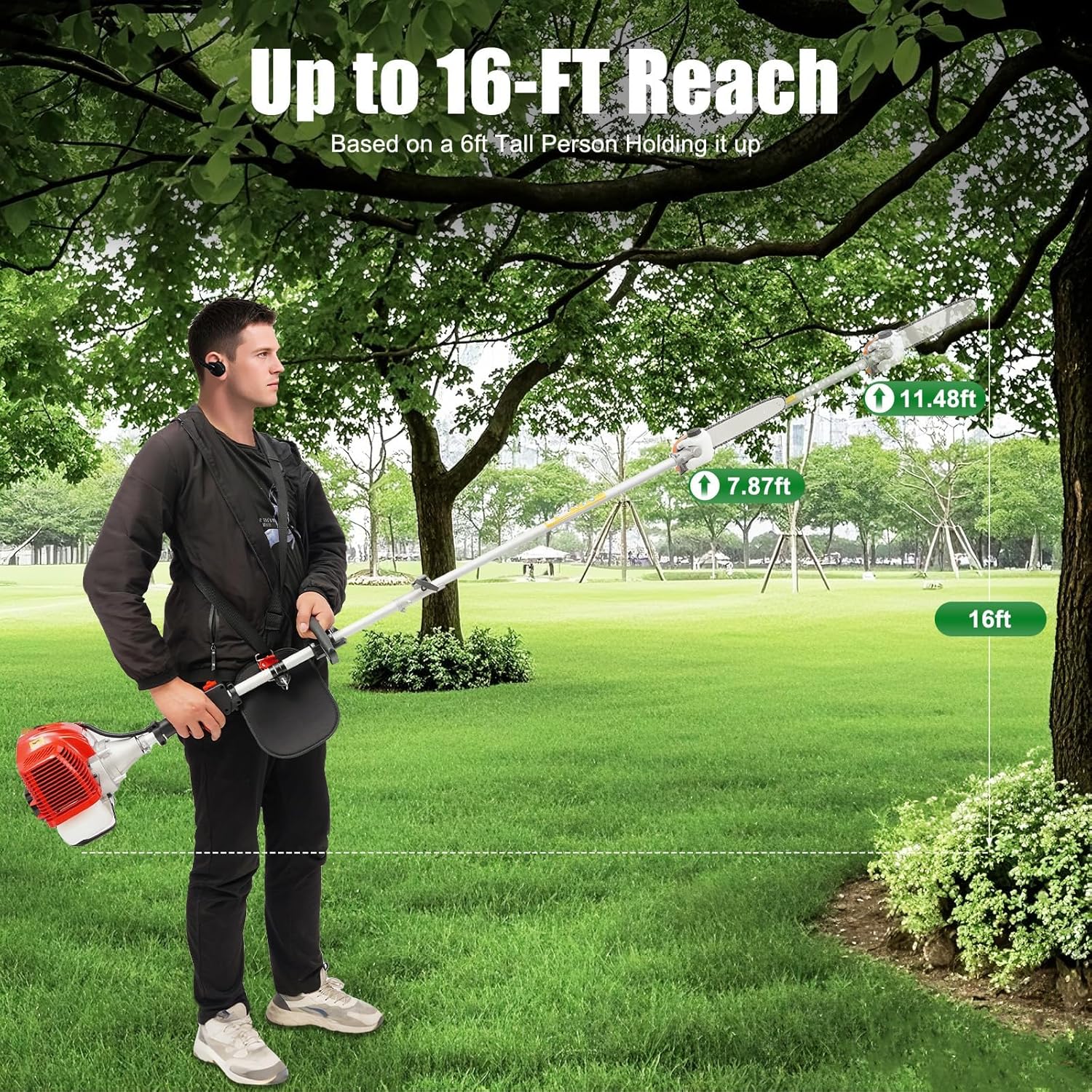 Gas Powered Pole Saw, 43cc 2-Stroke Cordless Tree Trimmer Gas Pole Saws, 7.9 to 11.5 ft Extendable Long Powerful Chainsaw with Rotatable Head & 12 inch Cutting Bar for Tree Trimming Pruning