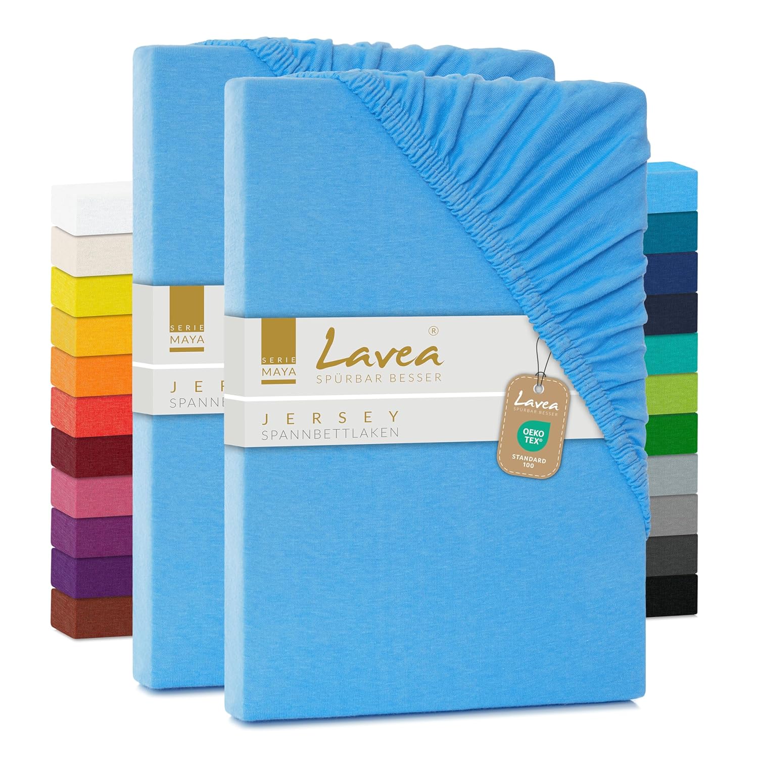 Lavea 2er Set Spannbettlaken, Doppelpack Spannbetttuch, Serie Maya, 90x200cm | 100x200cm, Himmelblau, 100% Baumwolle, hochwertige Verarbeitung, mit…