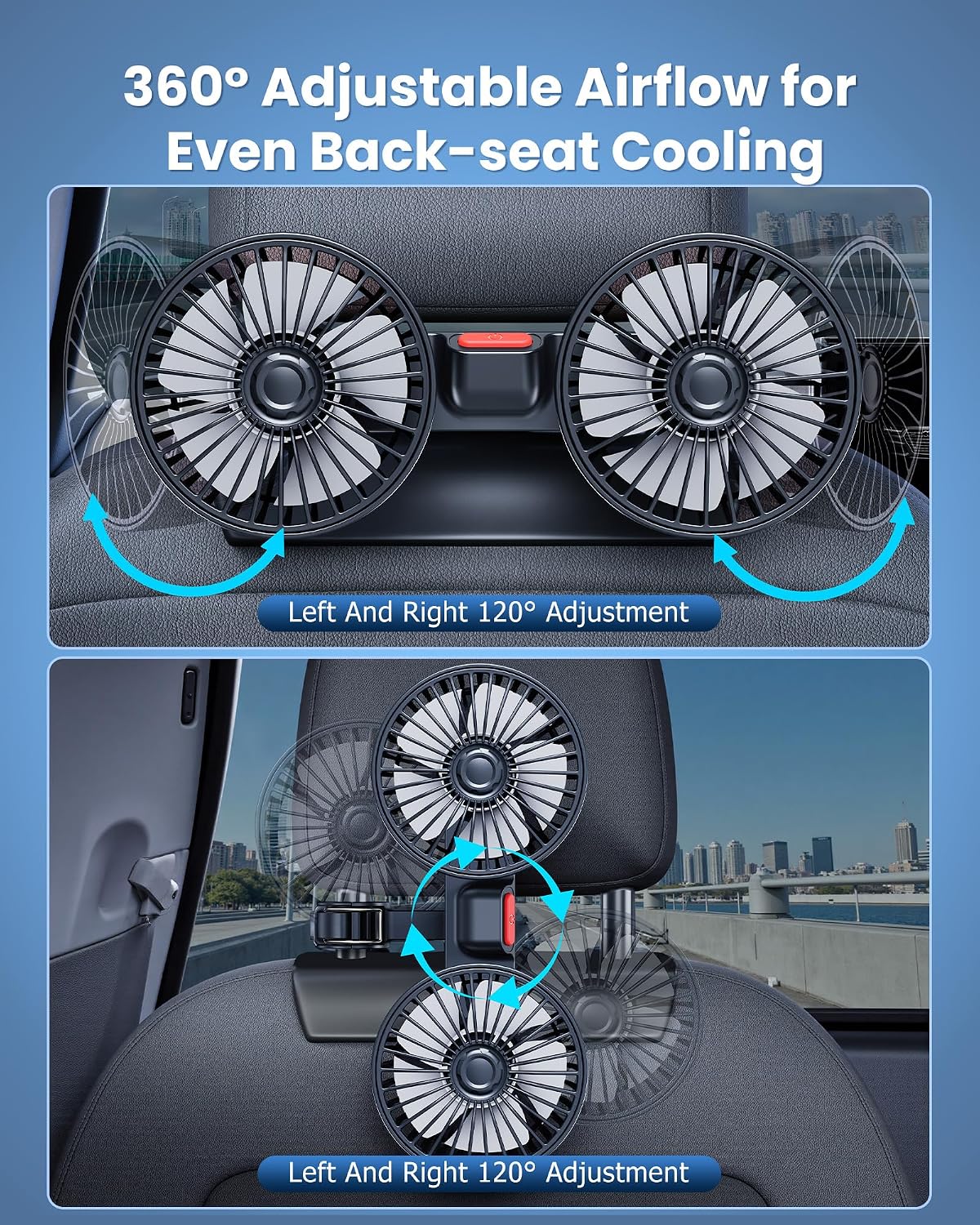 Dual-Head Rear Seat Car Fan, Powerful Airflow, 360° Rotation, Blows Both Left & Right, Adjustable Angle, Perfect for Pets, Front & Back Seats, USB & 12V/24V Powered