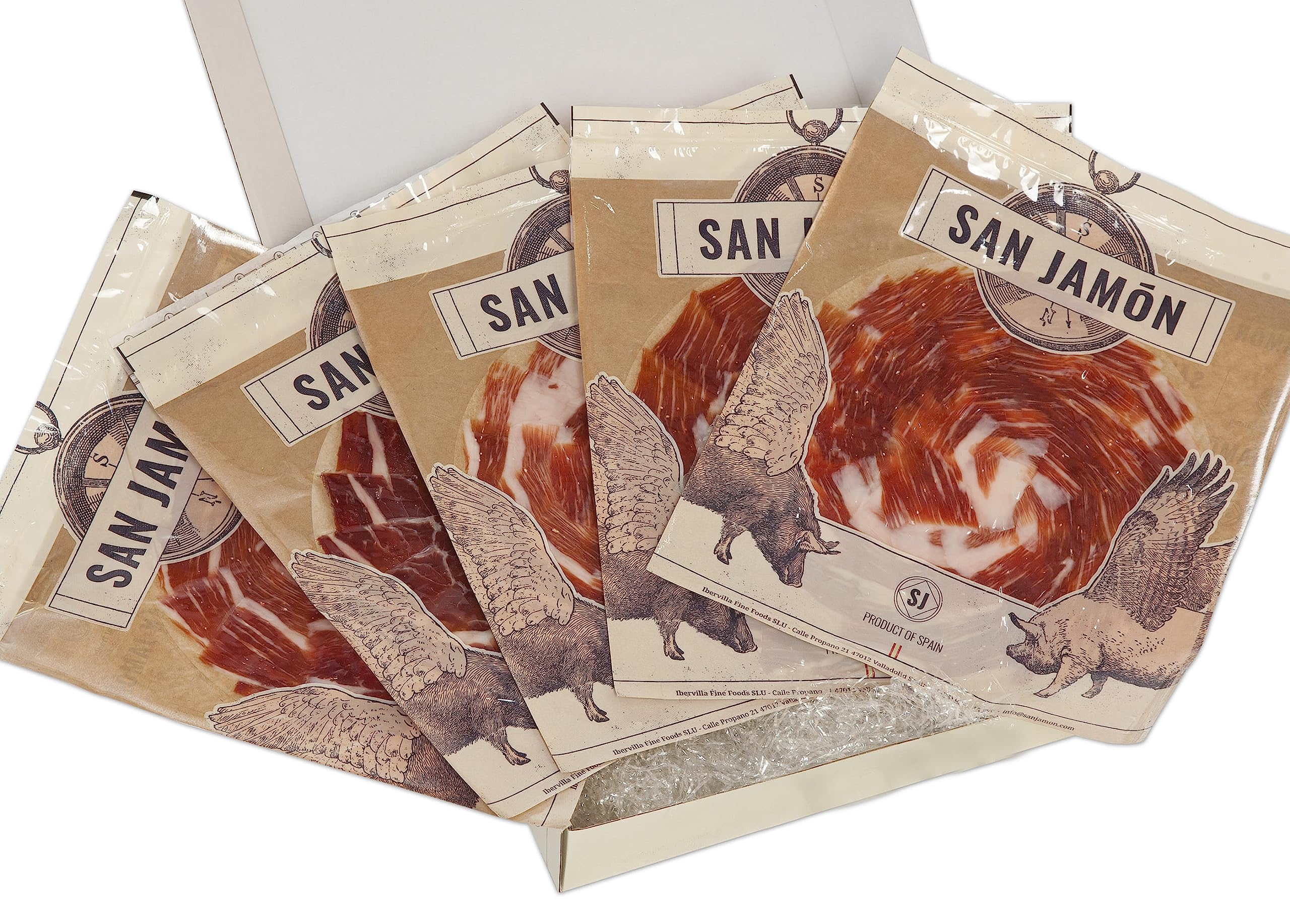 SAN JAMON. Pack de 5 Sobres de Jamón de Cebo Ibérico 50% Raza Ibérica Cortado a Mano de 80 gr Cada Uno. Lote de 5 paquetes de Jamón Ibérico de Cebo en Finas Lonchas.